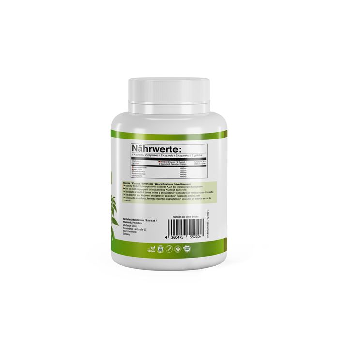 Weiße Flasche mit grünem Etikett. Aufschrift: Nährwerte. Enthält Informationen zu Inhaltsstoffen und Nährwerten.