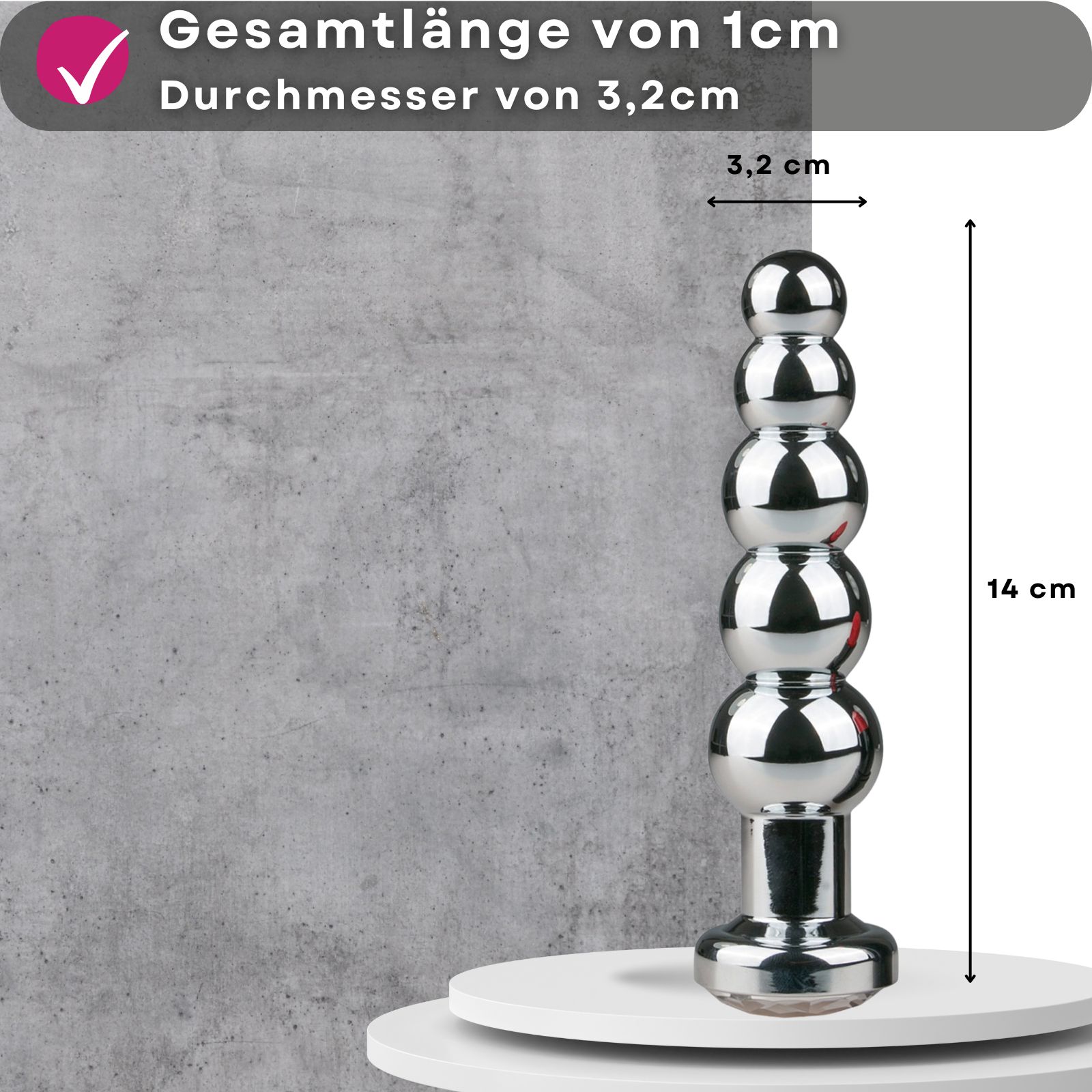 Produktabbildung mit Text: Gesamtlänge von 14 cm, Durchmesser von 3,2 cm. Analplug mit 4 Kugeln, silberfarben.