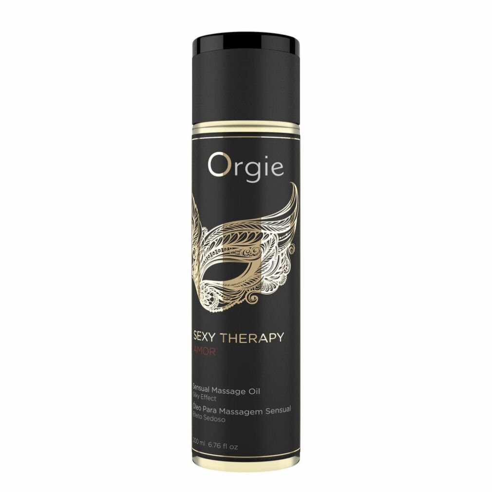 Schwarze Flasche mit goldener Verzierung. Aufschrift "Orgie", "Sexy Therapy Amor" und Masken-Design. Text in Englisch und Portugiesisch.