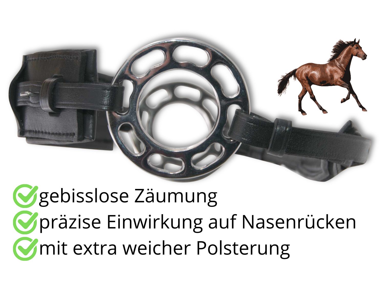 Gebisslose Zäumung mit silbernem Ring und schwarzem Leder. Text: gebisslose Zäumung, präzise Einwirkung, extra weiche Polsterung.