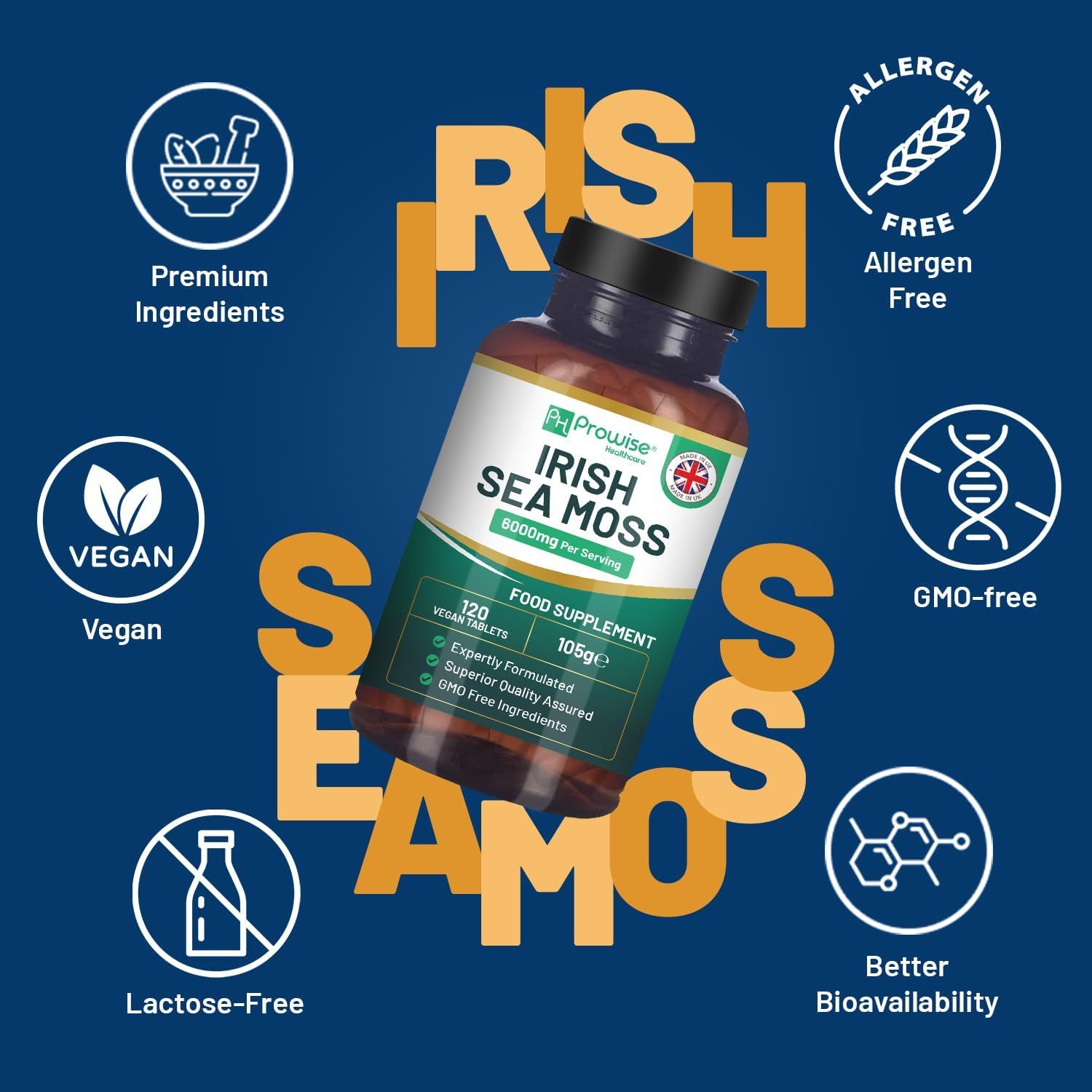 Flasche mit Irish Sea Moss-Tabletten, umgeben von Icons. Vegan, allergenfrei, GMO-frei, laktosefrei, bessere Bioverfügbarkeit.