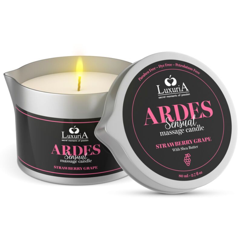 Silberne Dose mit schwarzem Etikett. Aufschrift: ARDES Sensual massage candle, Erdbeere-Traube. Deckel daneben.