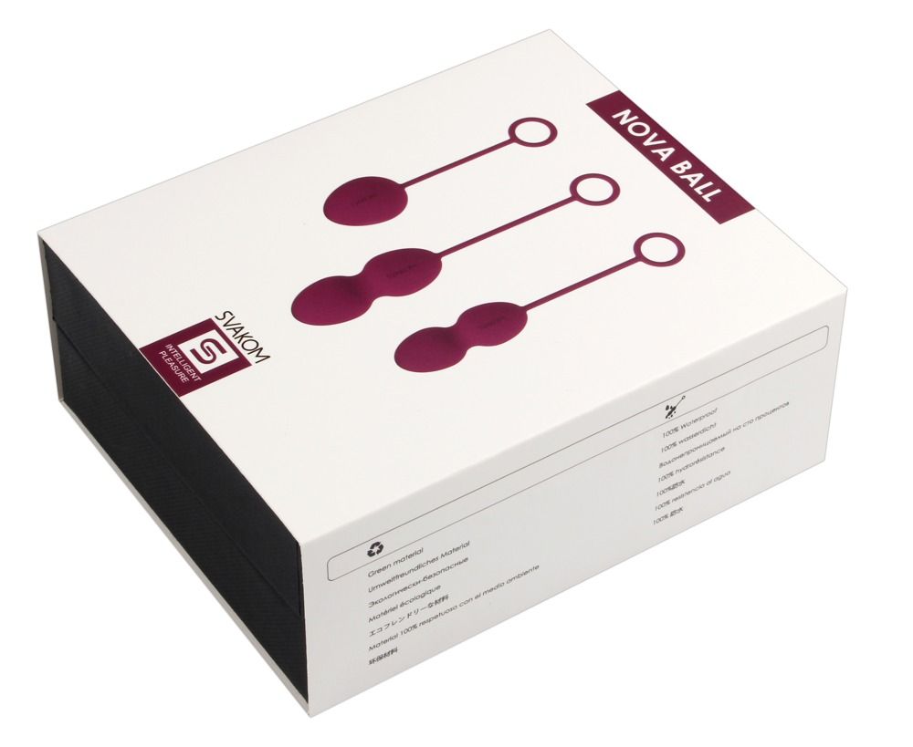 Verpackung mit drei lila Kegel-Trainingskugeln. Aufschrift: NOVA BALL, SVAKOM.