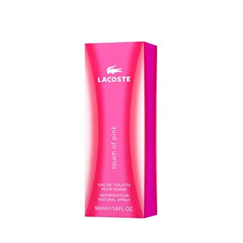 Pinke Verpackung Lacoste Touch of Pink. Logo und Schriftzug. Text: Eau de Toilette, Pour Femme, Natural Spray, 50ml 1.6 fl.oz.