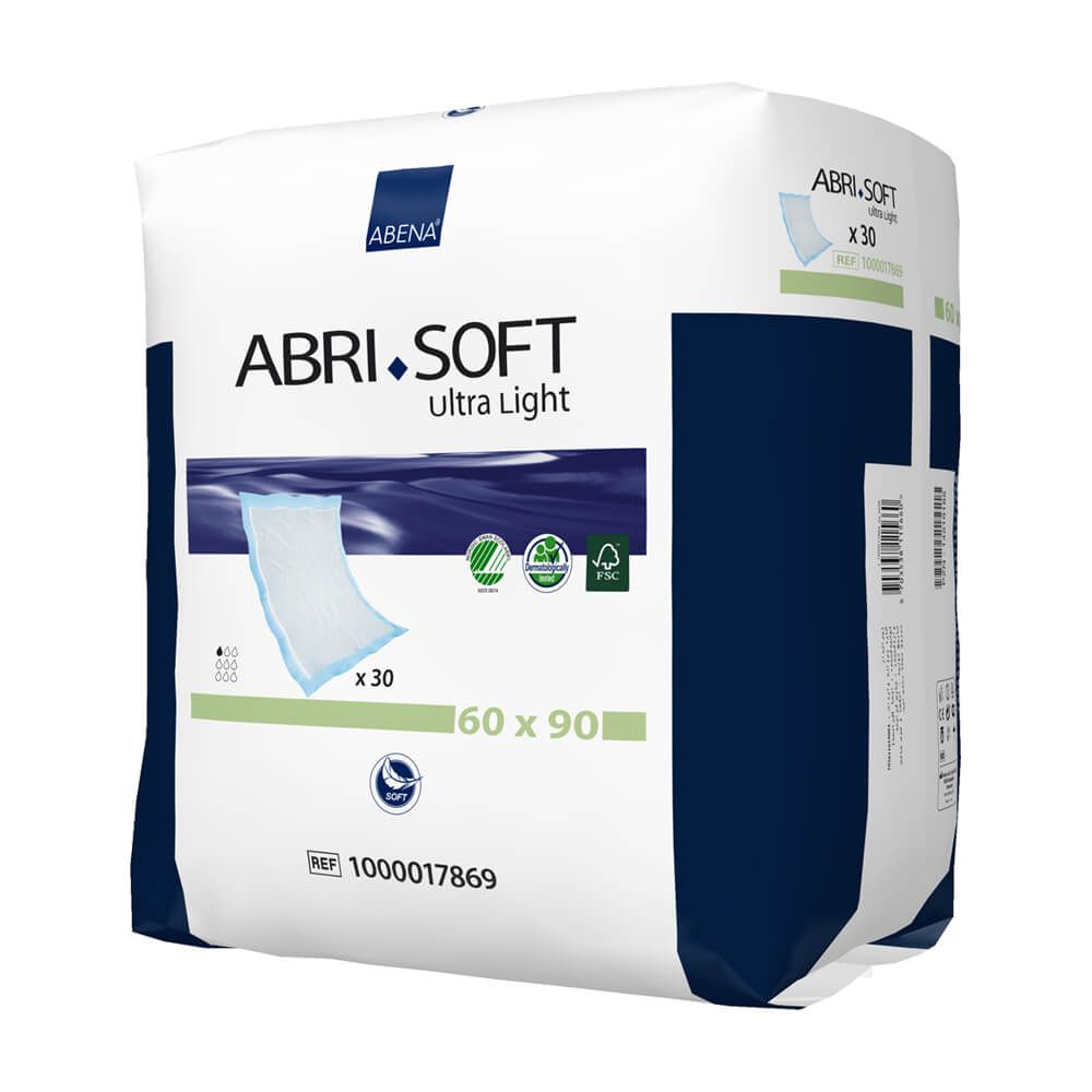 Abri-Soft Ultra Light, 60 x 90 cm, Packung mit 30 Stück. Verpackung mit Produktabbildung, Logo und Zertifizierungen.