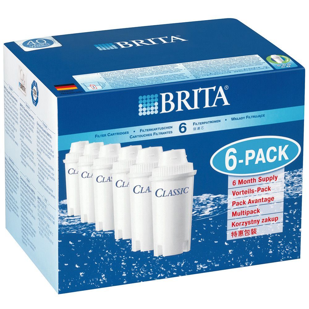 BRITA Classic-Kartuschen 6er-Pack. Blaue Verpackung mit weißen Filtern. Aufschrift "6-PACK" und "BRITA".
