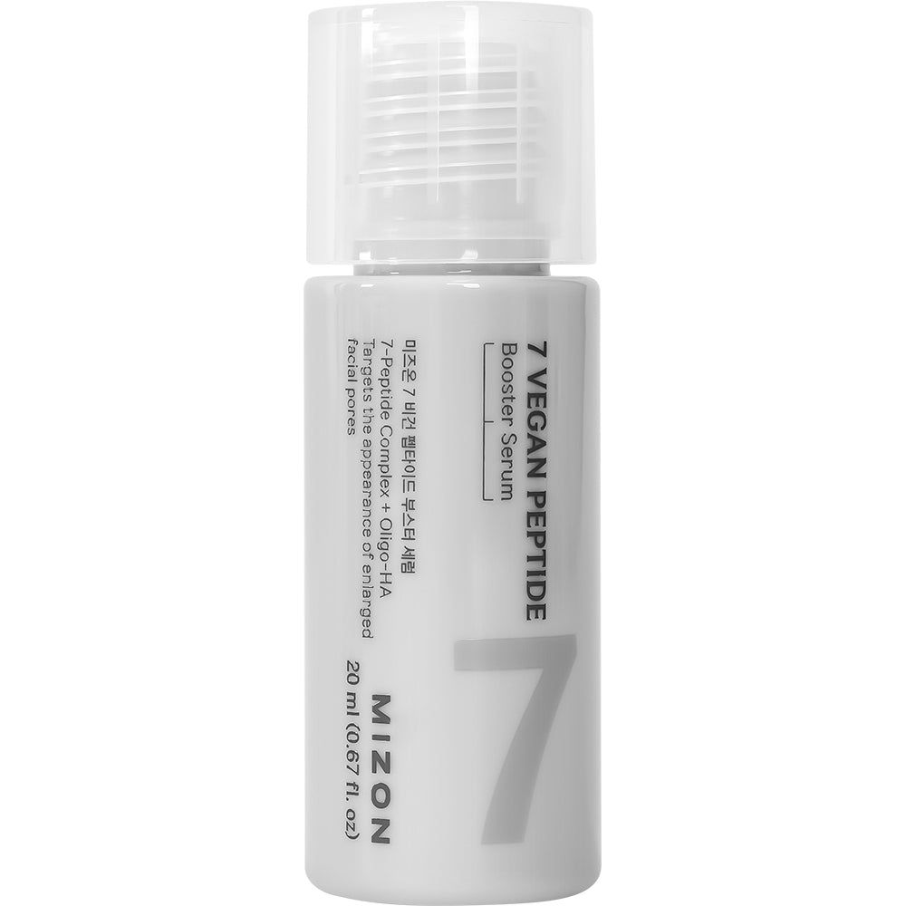 Weiße Flasche mit Produktnamen und Logo. Text: 7 VEGAN PEPTIDE Booster Serum. Volumen: 20 ml. Marke: MIZON. Mit Dosierkopf.