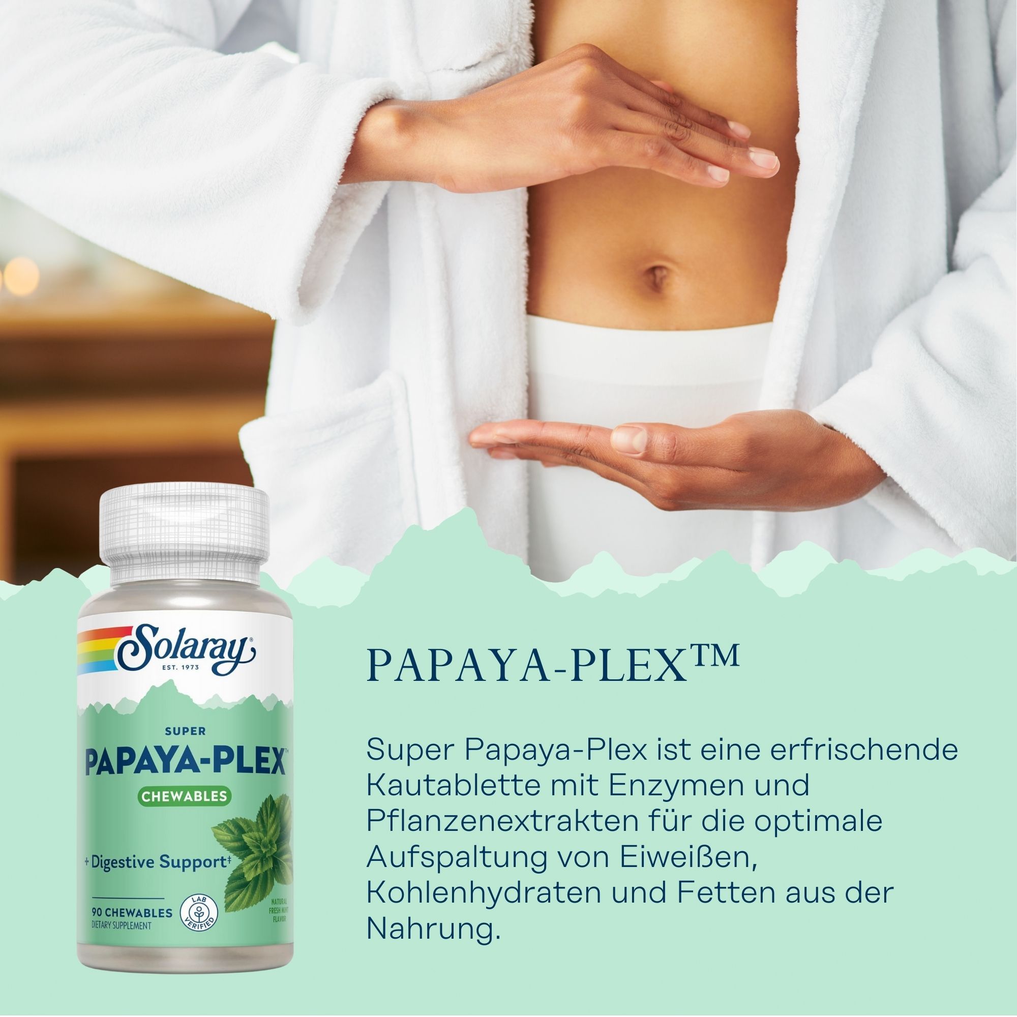 Solaray Papaya-Plex. Weiße Flasche mit grünem Etikett. Text: Papaya-Plex, Chewables, Digestive Support. Person hält Hände über Bauch.