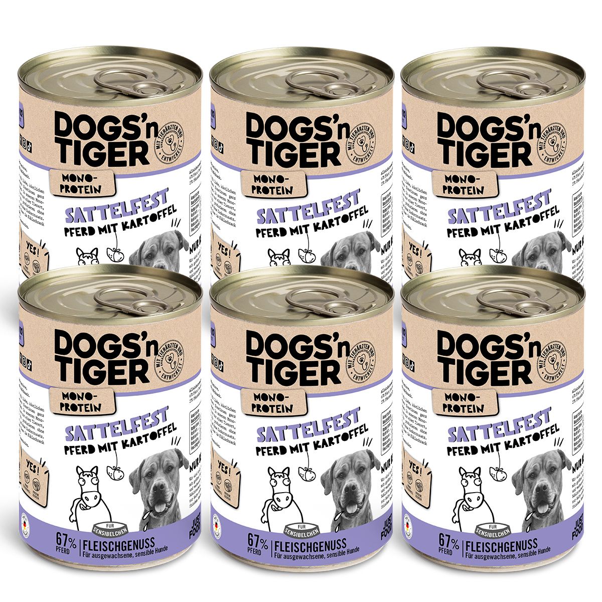 Sechs Dosen Hundefutter. Aufschrift: Dogs'n Tiger, Monoprotein, Sattelfest, Pferd mit Kartoffel. Abbildung eines Hundes.