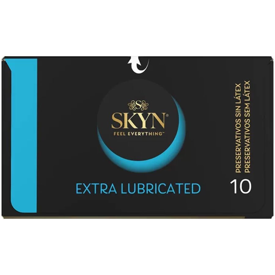 Schwarze Schachtel mit blauer Akzentfläche. Aufschrift: SKYN, Extra Lubrificato, 10 Stück. Ohne Latex.
