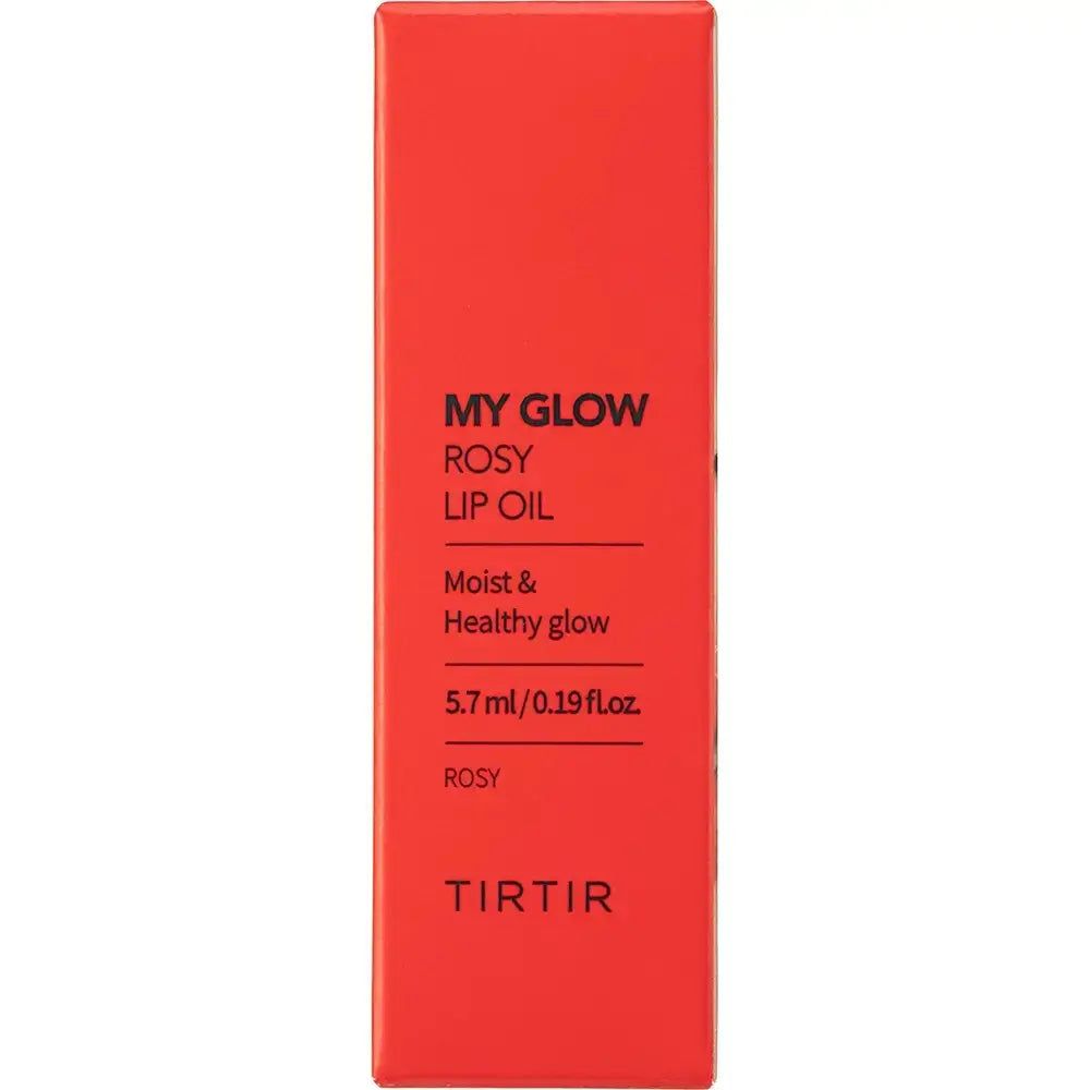 Rote Verpackung mit Text: MY GLOW ROSY LIP OIL, Moist & Healthy glow, 5.7 ml / 0.19 fl.oz., TIR TIR.