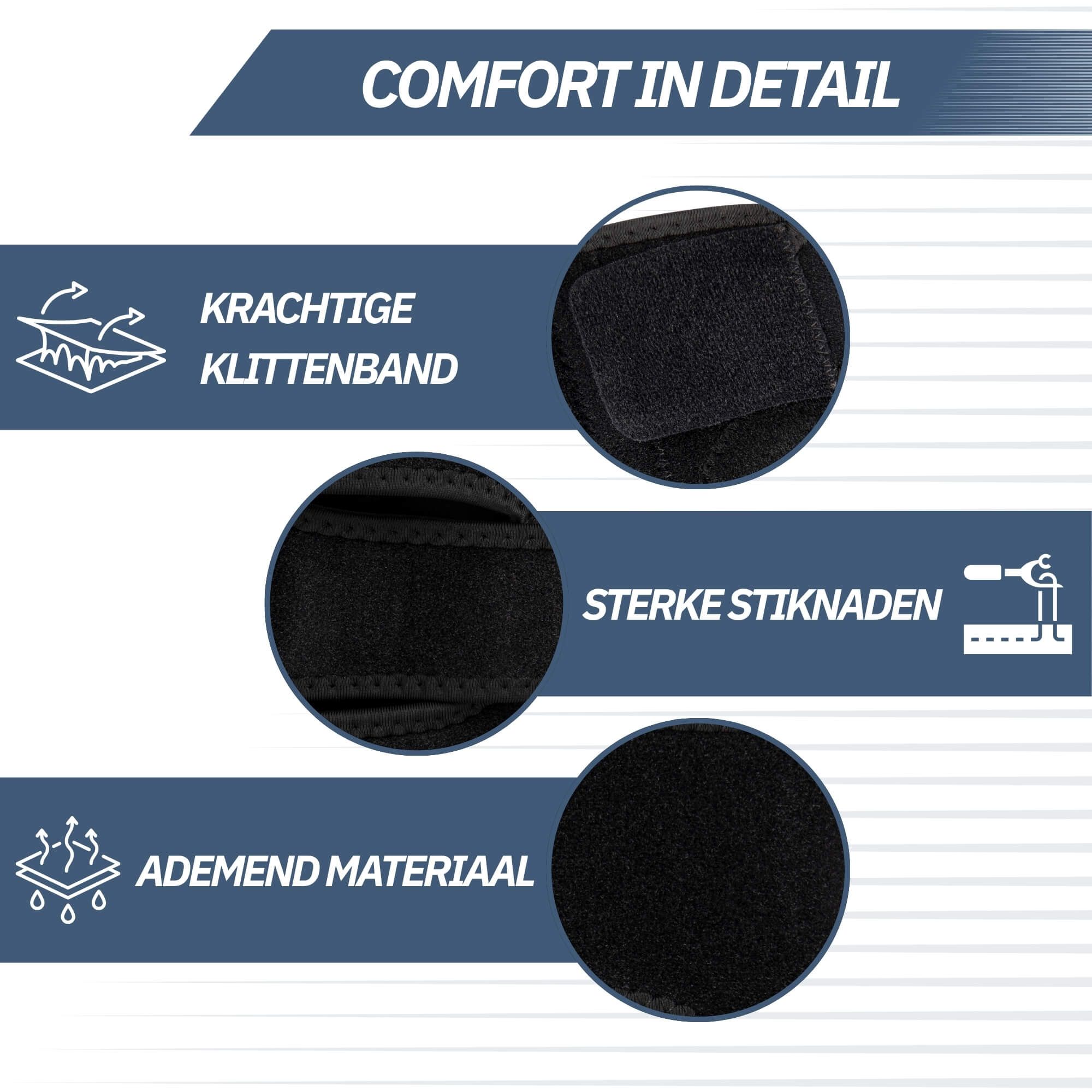 Schwarzes Knieband mit Klettverschluss und Verstärkungsnähten. Atmungsaktives Material.