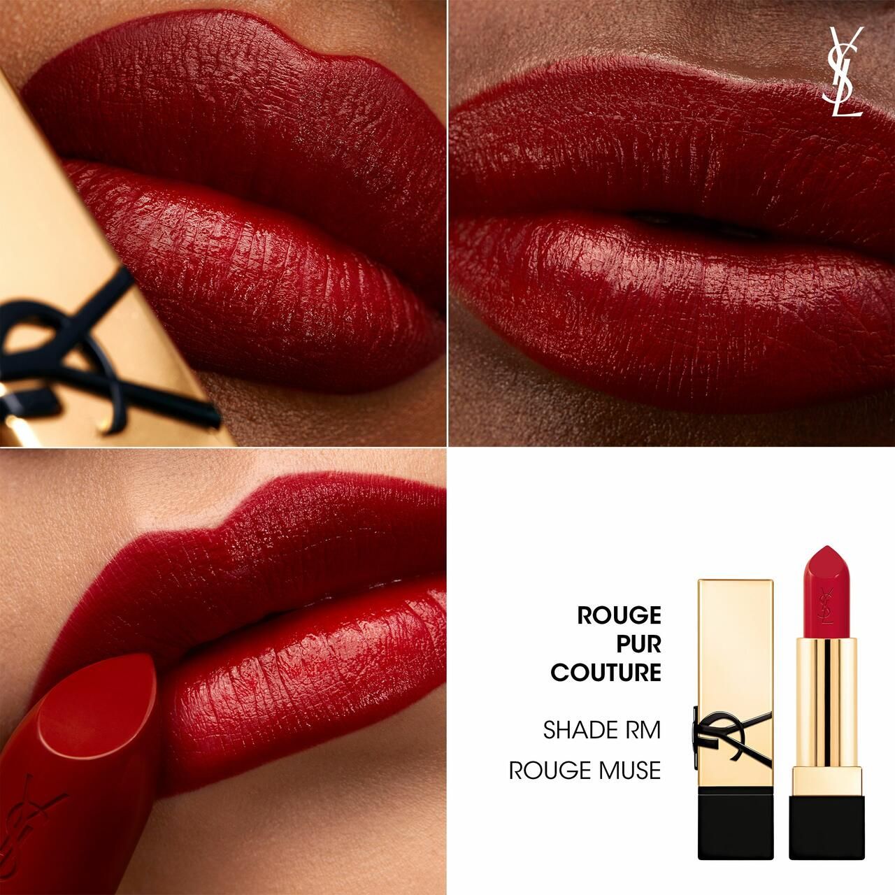 Nahaufnahmen von Lippen mit rotem Lippenstift. Produkt und Logo im Bild.