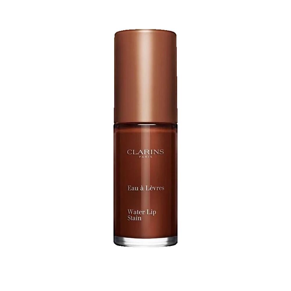 Clarins Water Lip Stain in Rotbraun mit goldfarbenem Deckel. Transparente Flasche zeigt die Farbe.