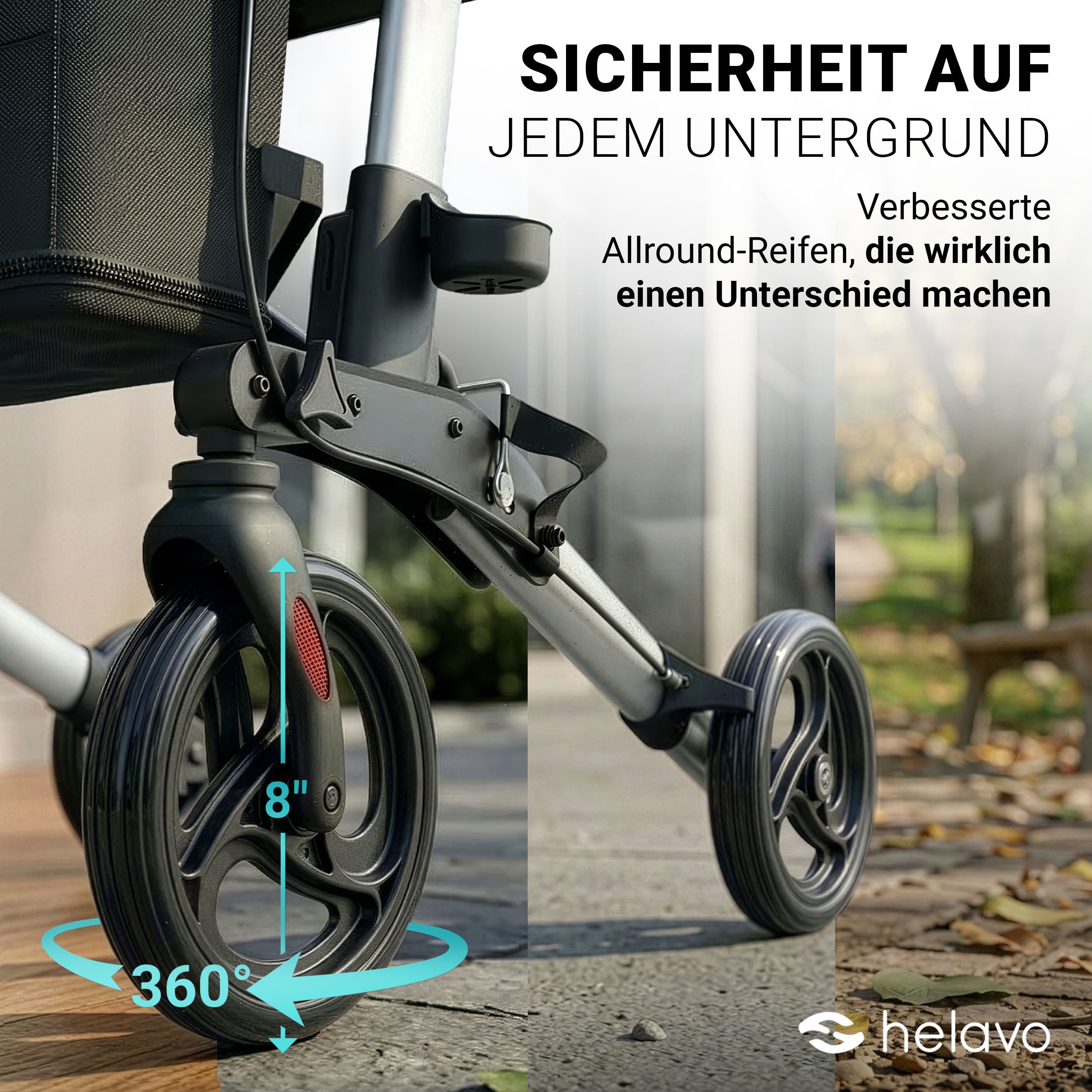 Nahaufnahme des Rads eines Rollators mit 8 Zoll Durchmesser und 360-Grad-Drehung.