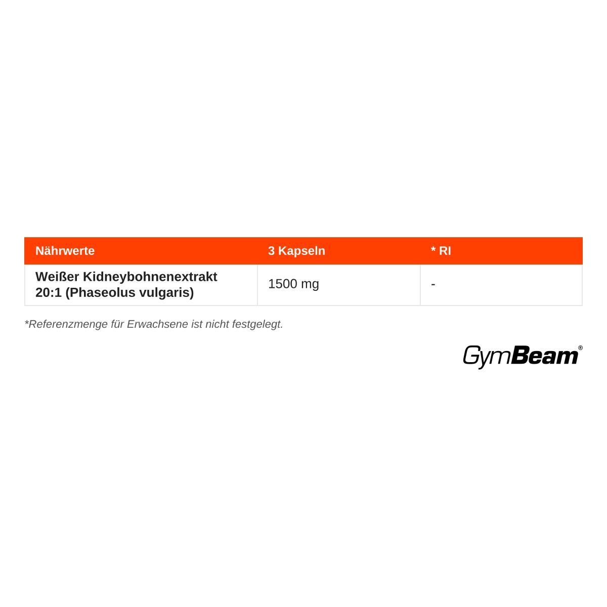 Nährwertangaben für GymBeam Weiße Kidneybohnen Extrakt: 1500 mg pro 3 Kapseln.