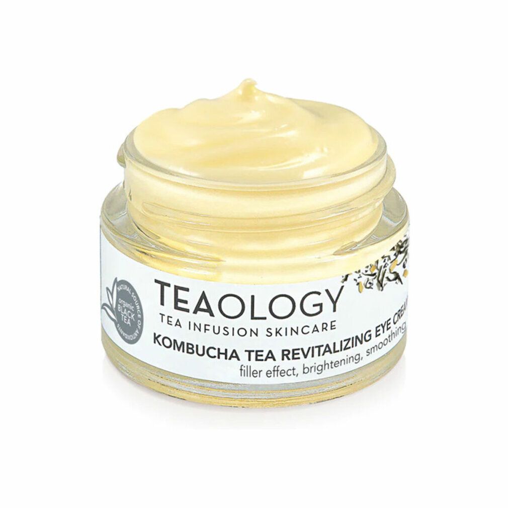 Glasbehälter mit gelblicher Creme. Auf dem Etikett steht "TEAOLOGY", "Kombucha Tea Revitalizing Eye Cream".
