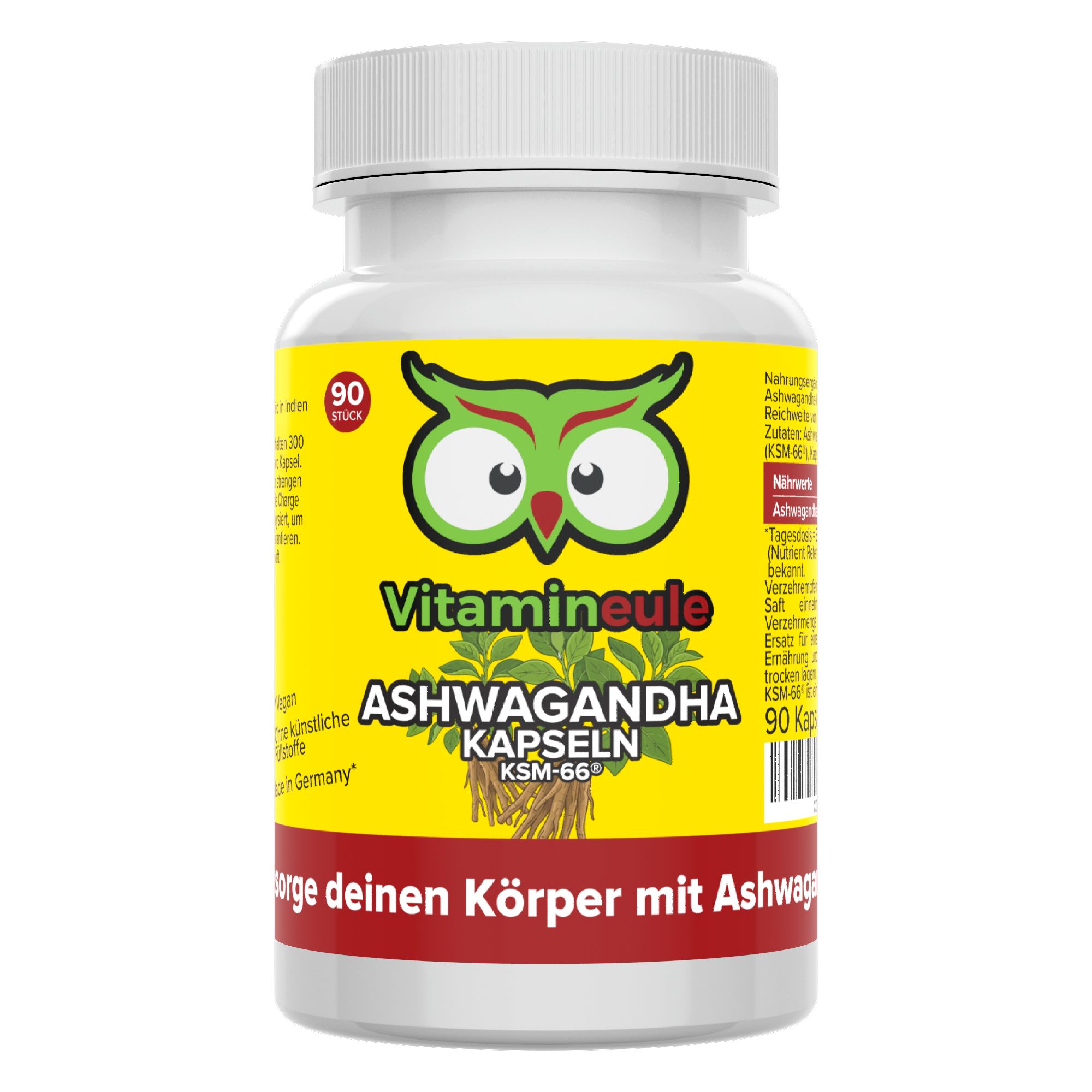 Flasche mit 90 Ashwagandha Kapseln von Vitamineule, KSM-66, 36g.