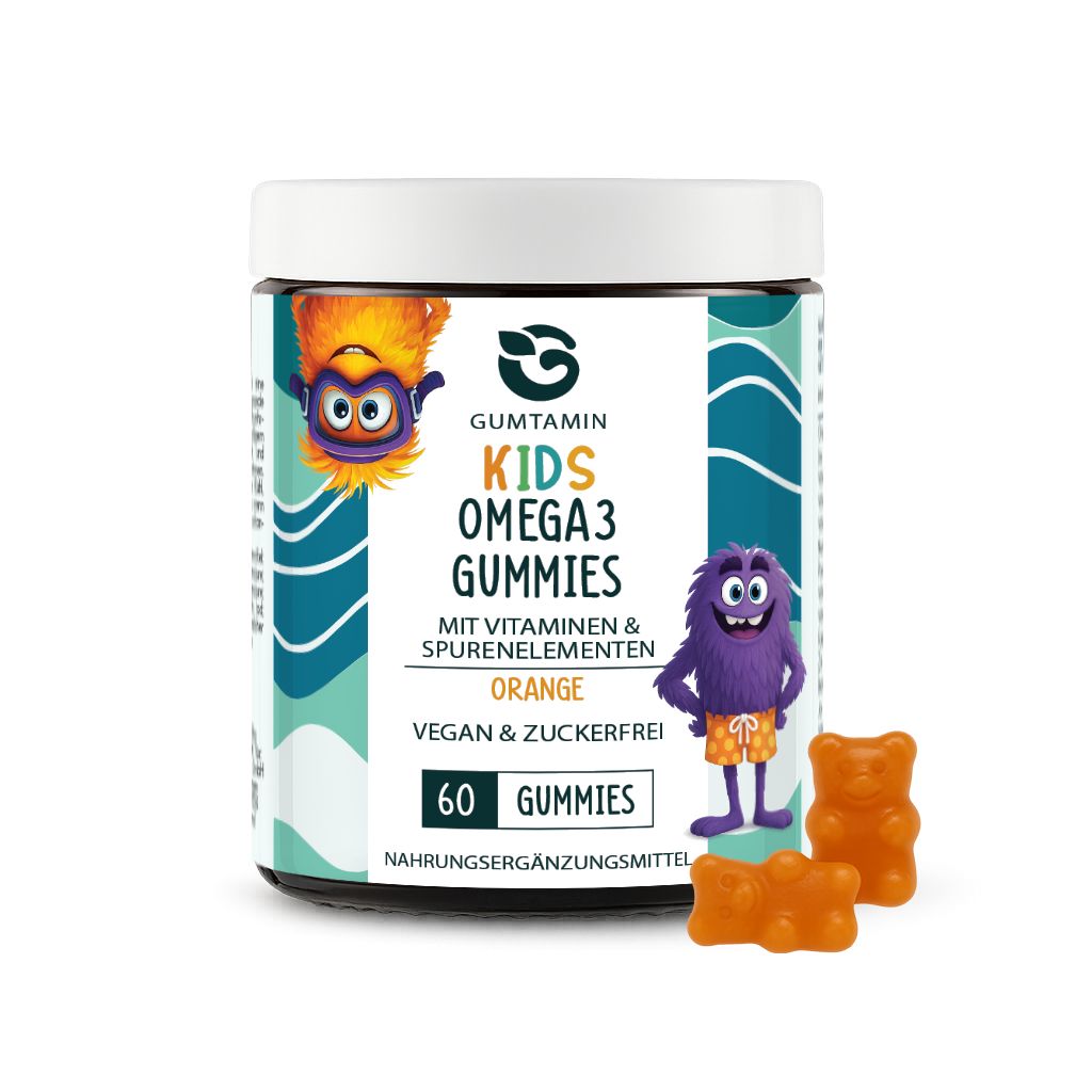 Dose Gumtamin Kids Omega 3 Gummies, orangefarbene Gummibärchen. Aufschrift: Vegan & zuckerfrei, 60 Gummies.