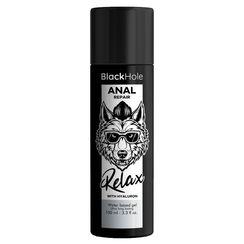 Schwarze Flasche mit Aufschrift Black Hole ANAL REPAIR. Abbildung eines Wolfs mit Sonnenbrille. Text: Relax, mit Hyaluron.