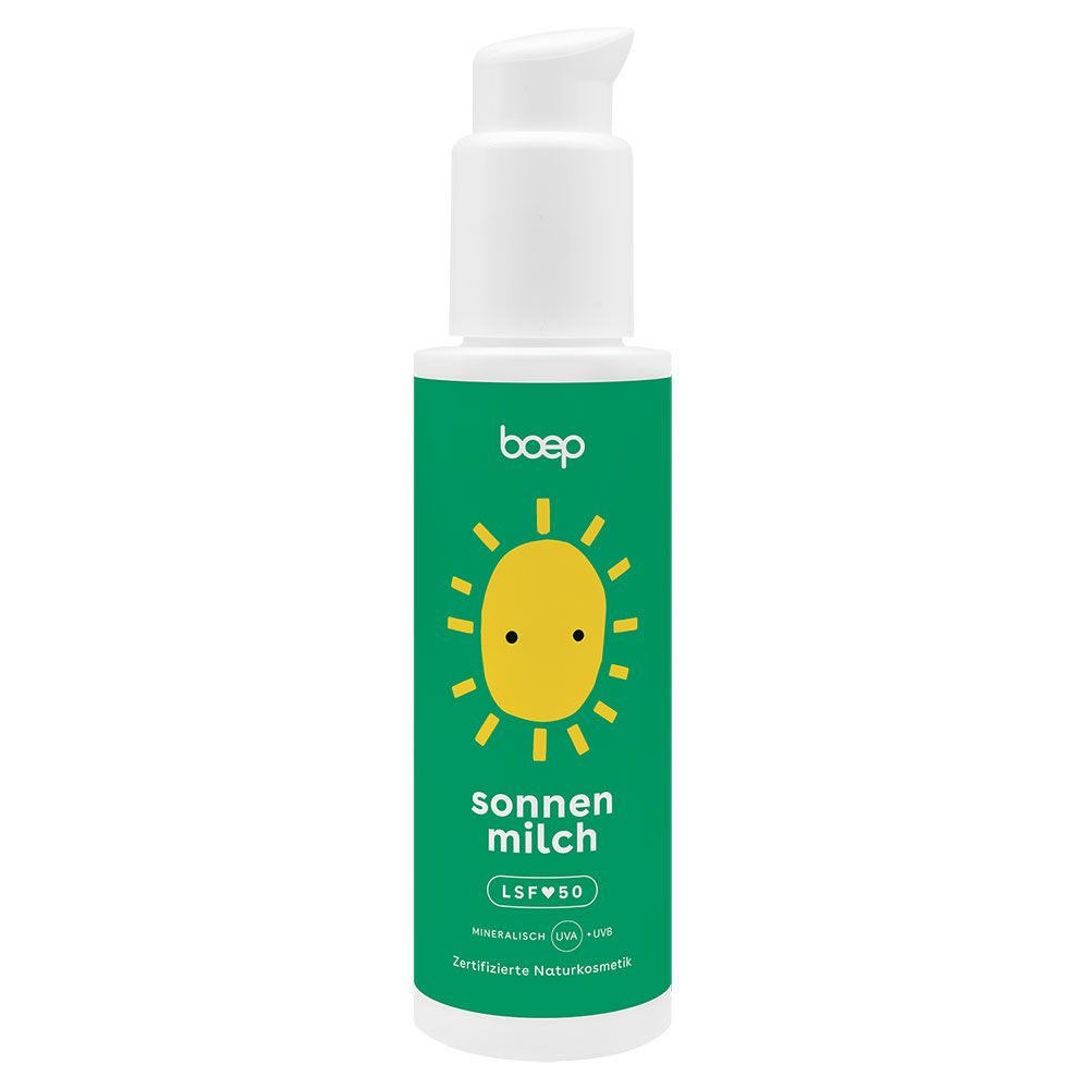 Sonnenmilch-Flasche mit Sonnensymbol und Text. LSF 50. Zertifizierte Naturkosmetik. Grüner Hintergrund.
