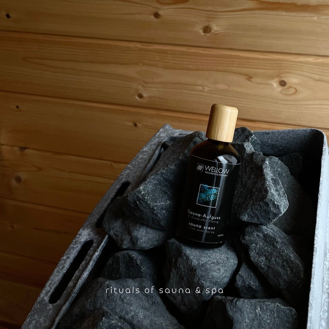 Eine Flasche mit Holzdeckel auf Steinen in einem Saunaofen. Aufschrift: Wellow, Saunaaufguss, Sauna Scent. Text: rituals of sauna & spa.