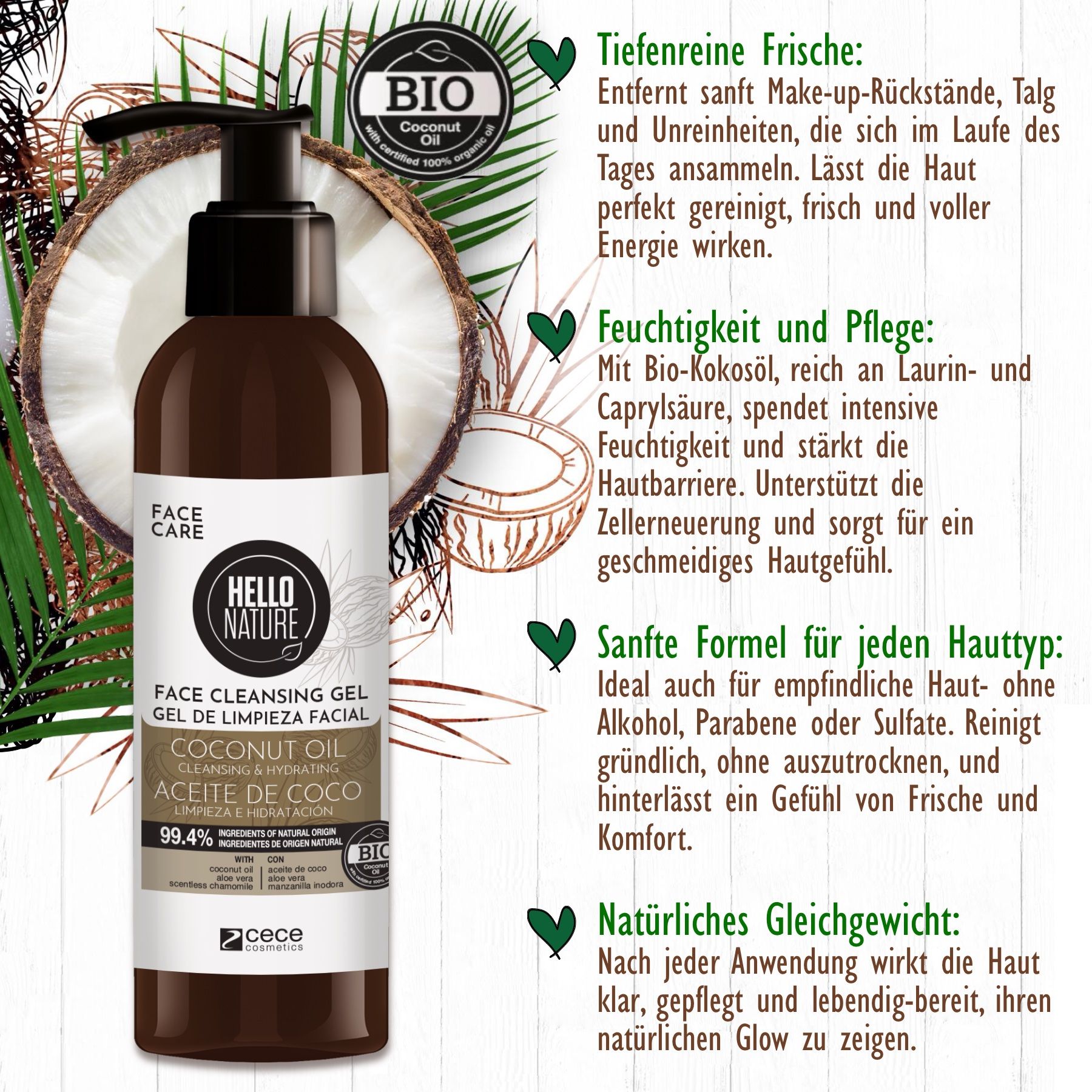 Gesichtsreinigungsgel mit Kokosöl. Braune Flasche mit Pumpe. Logo Hello Nature. Kokosnuss-Hälfte. Bio-Siegel.