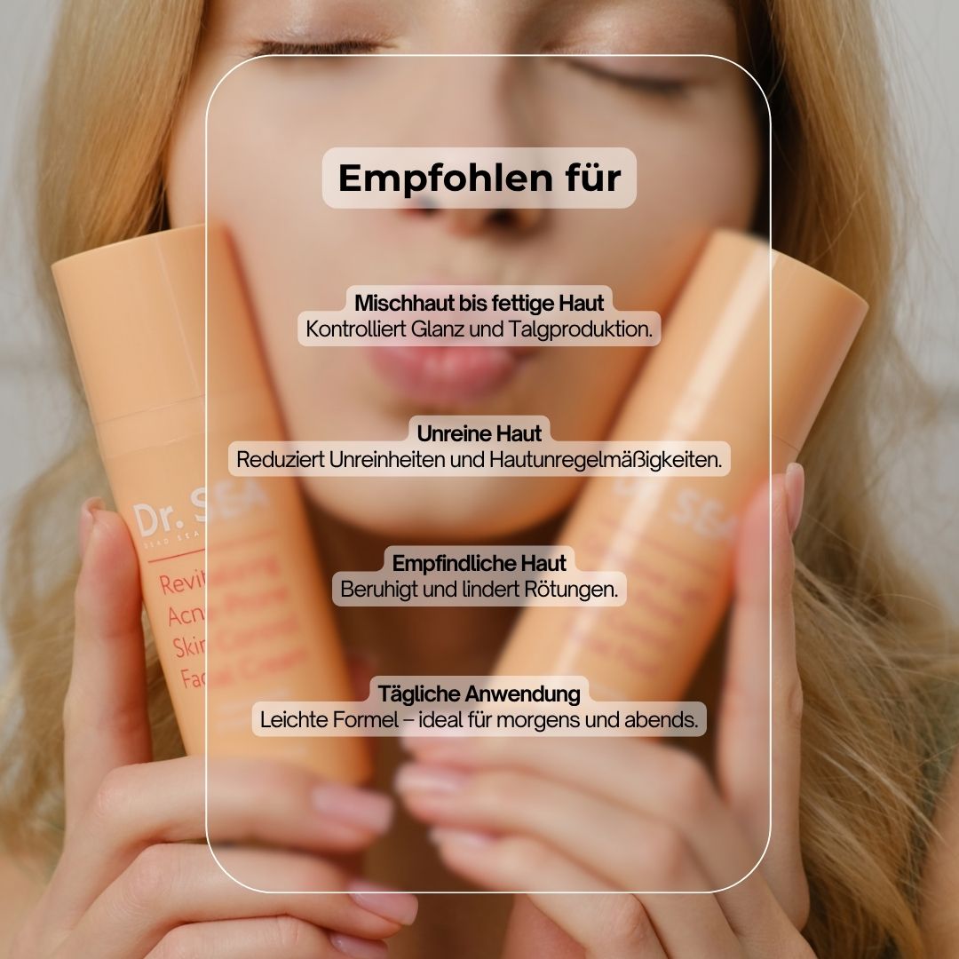 Zwei Creme-Tuben. Text: Mischhaut bis fettige Haut, unreine Haut, empfindliche Haut, tägliche Anwendung.