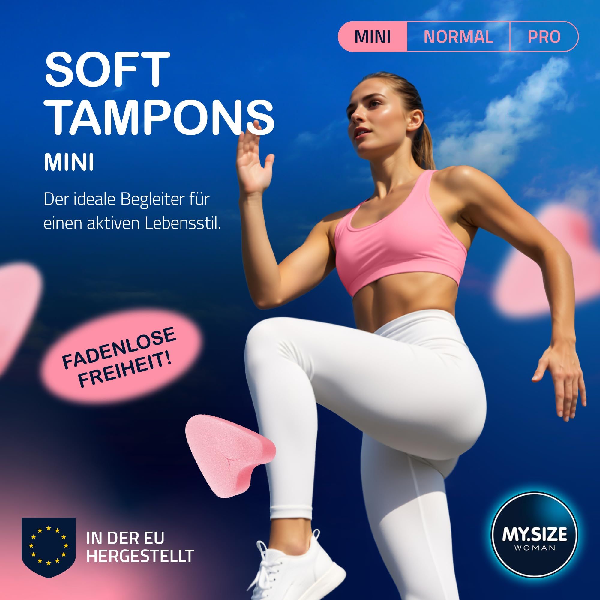 Frau in Sportkleidung läuft, umgeben von rosa Tampons. "Fadenlose Freiheit!"