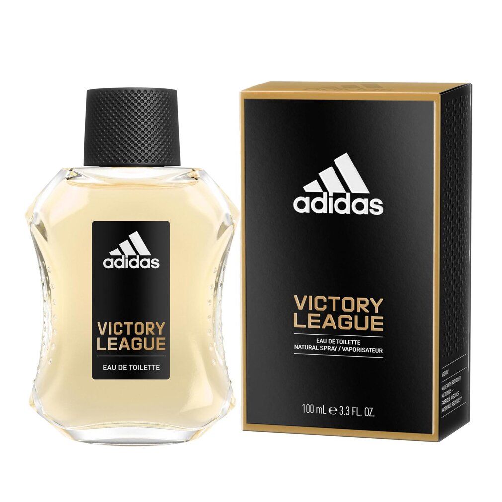 Adidas Victory League Flakon und Schachtel. Schwarze Schachtel mit goldenen Akzenten. Flakon mit schwarzem Verschluss.