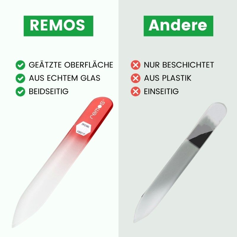 Glasnagelfeile, rot-weiß, neben einer anderen, grauen Feile. Text: Geätzte Oberfläche, aus Echtglas, beidseitig.