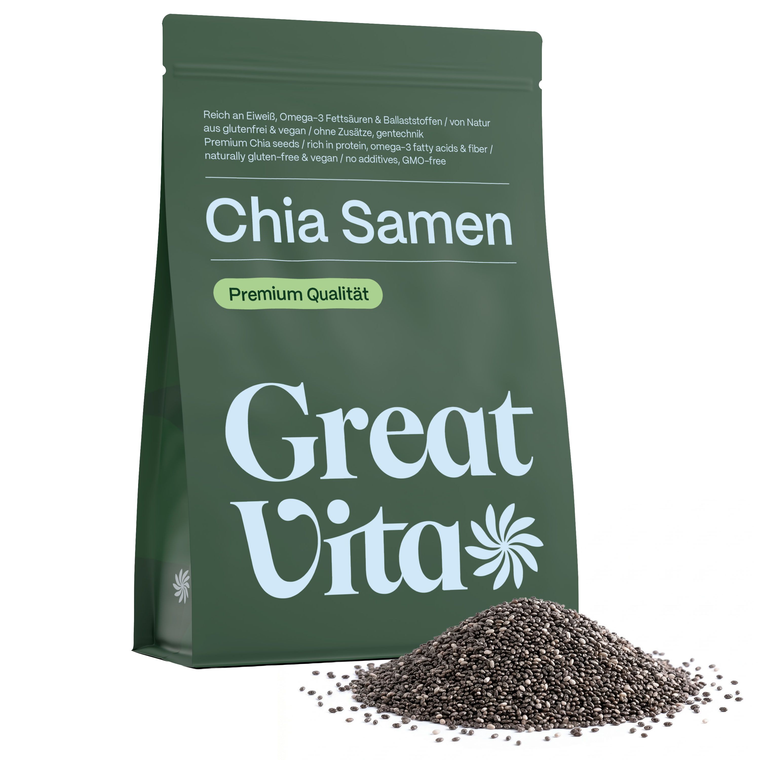 Grüne Verpackung mit Chia Samen und Haufen von Chia Samen. Text: Chia Samen, Premium Qualität, Great Vita Logo.
