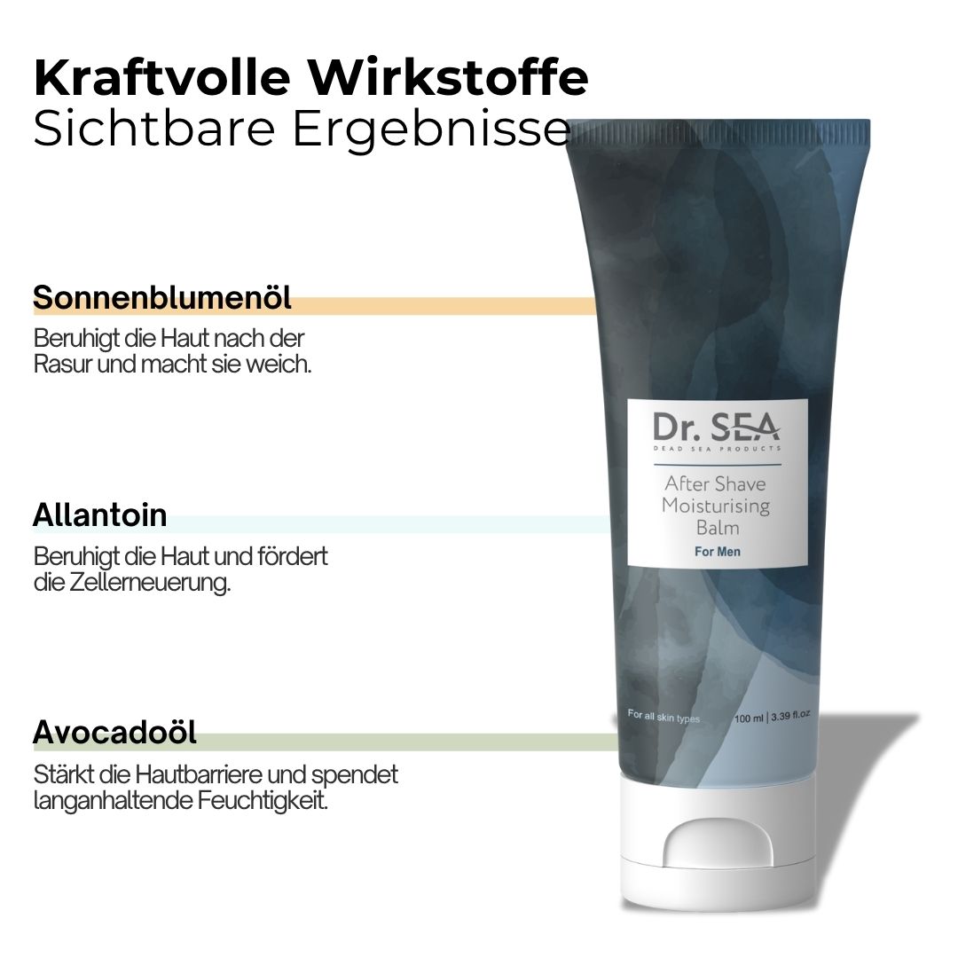 After Shave Moisturising Balm Tube. Text: Sonnenblumenöl, Allantoin, Avocadoöl. Sichtbare Ergebnisse.