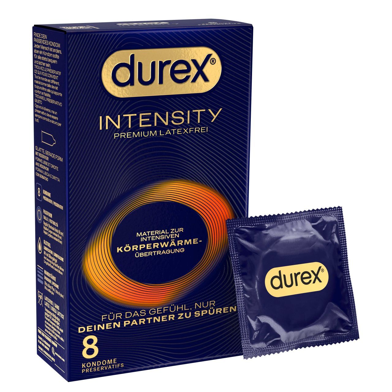 Durex Intensity Kondompackung, 8 Stück, latexfrei.