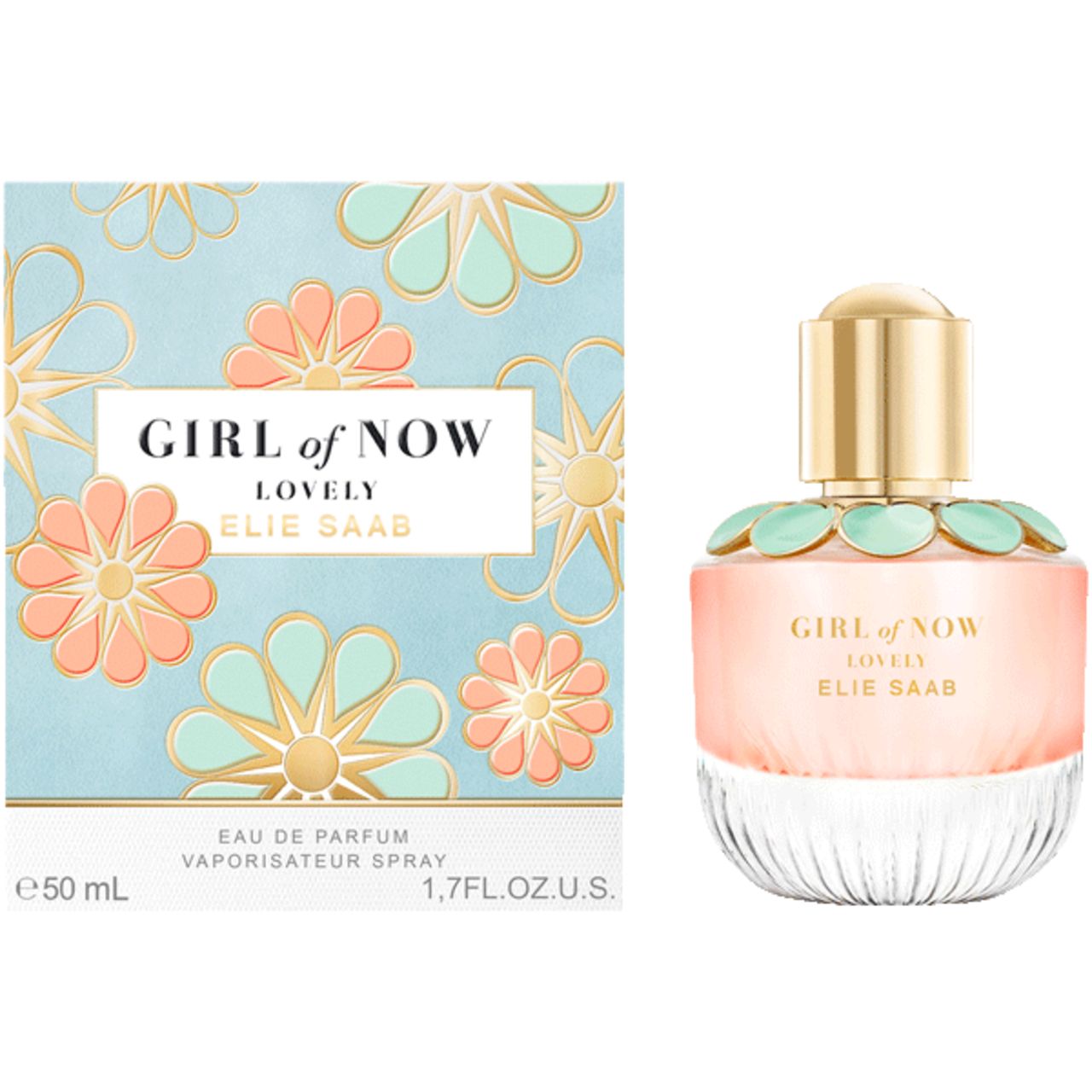 Parfümflasche und -verpackung. Flasche mit goldfarbenem Deckel, rosa Flüssigkeit, grünen Blütenblättern. Verpackung mit Blumenmuster und Produktnamen.