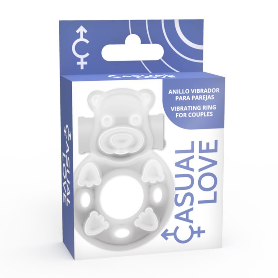 Verpackung mit weißem Vibrationsring. Aufschrift "Casual Love" und "Vibrating Ring for Couples".