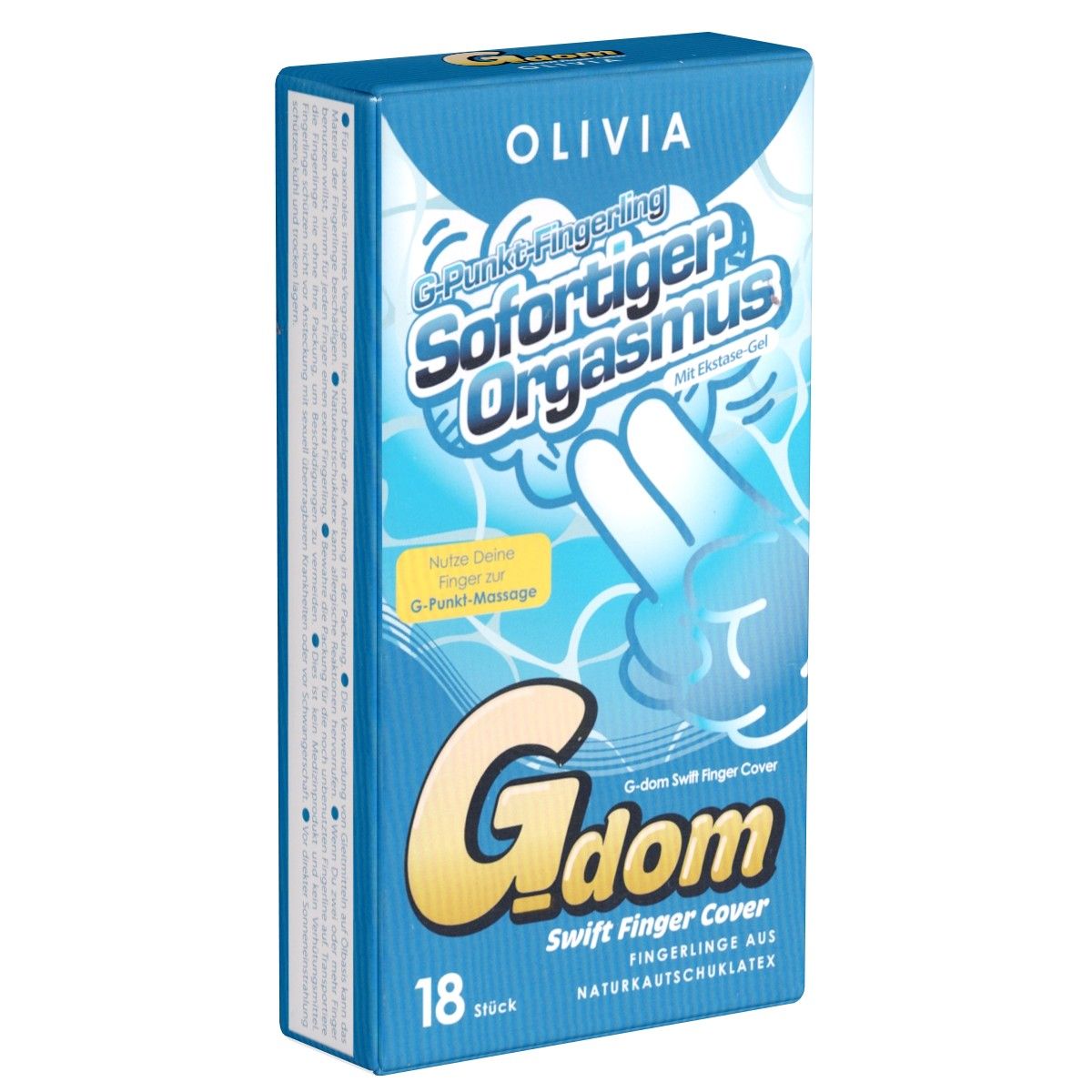 Blau-weiße Verpackung mit Produktnamen Olivia G-dom Swift Finger Cover. Enthält 18 Fingerlinge aus Naturkautschuklatex. Text: Sofortiger Orgasmus.