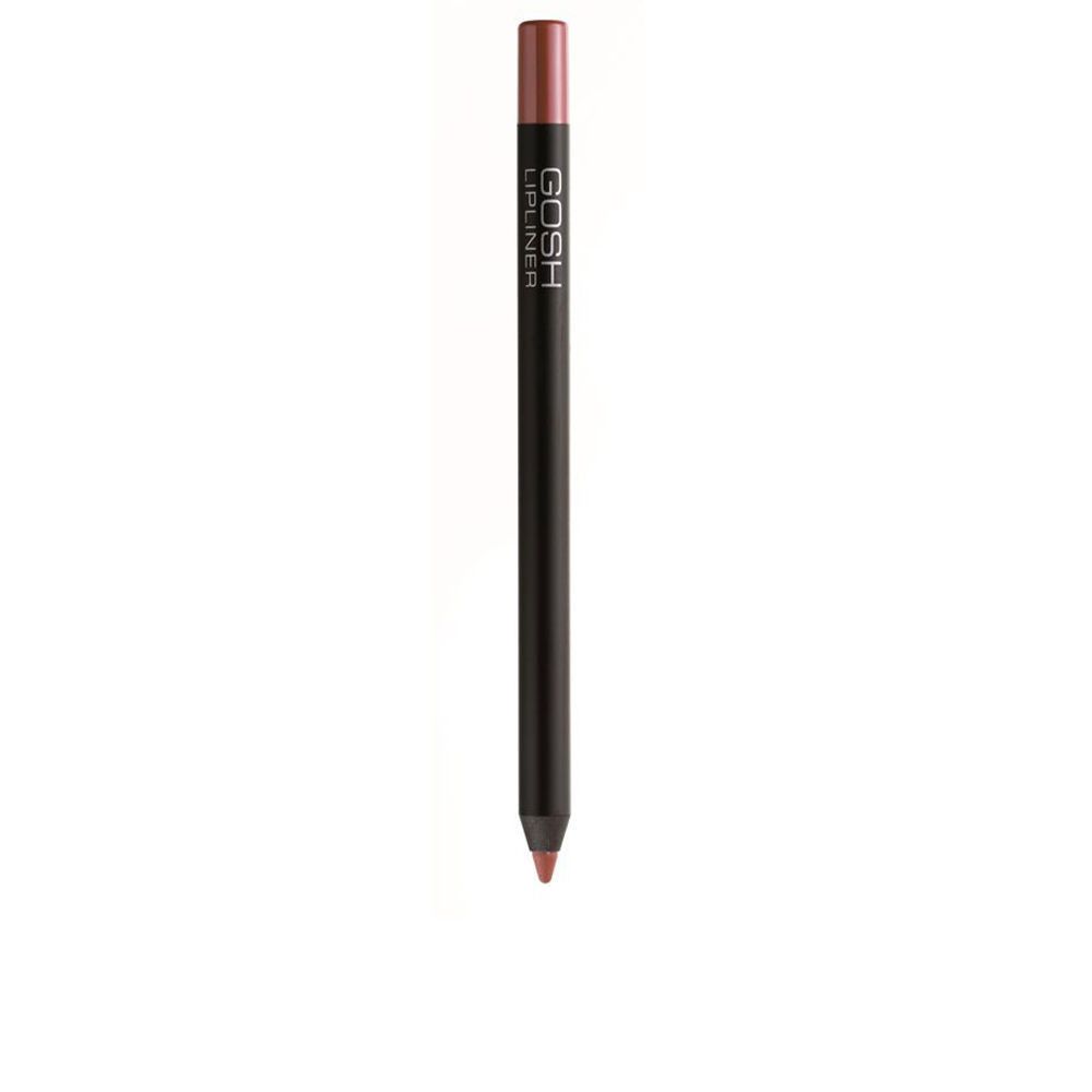Lippenstiftstift, dunkelbraun, mit rosafarbenem Ende. GOSH Lipliner Schriftzug. Auf weißem Hintergrund.