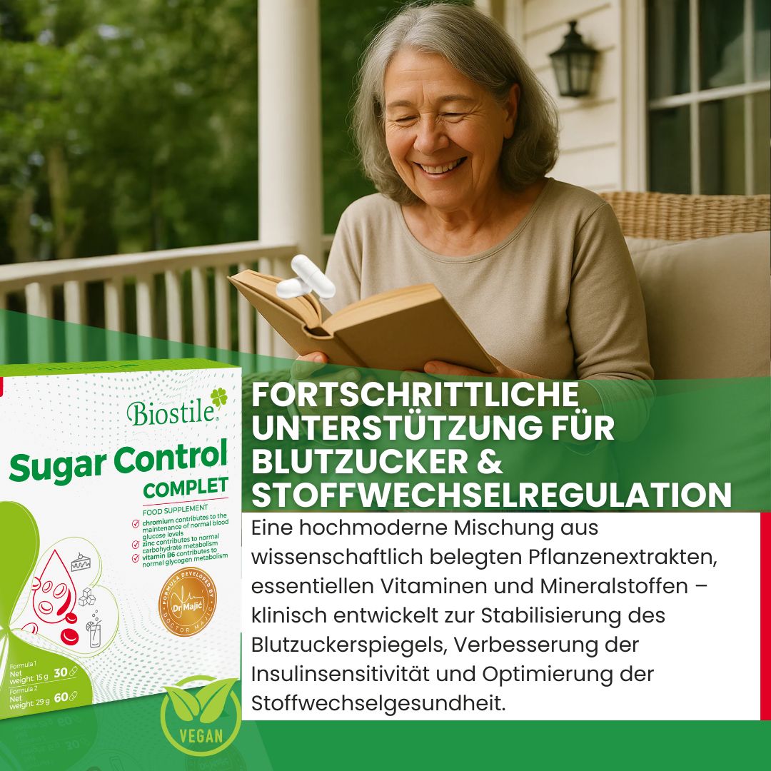 Ältere Frau liest Buch, neben Biostile Sugar Control Komplett Verpackung und Text über Blutzuckerregulation.