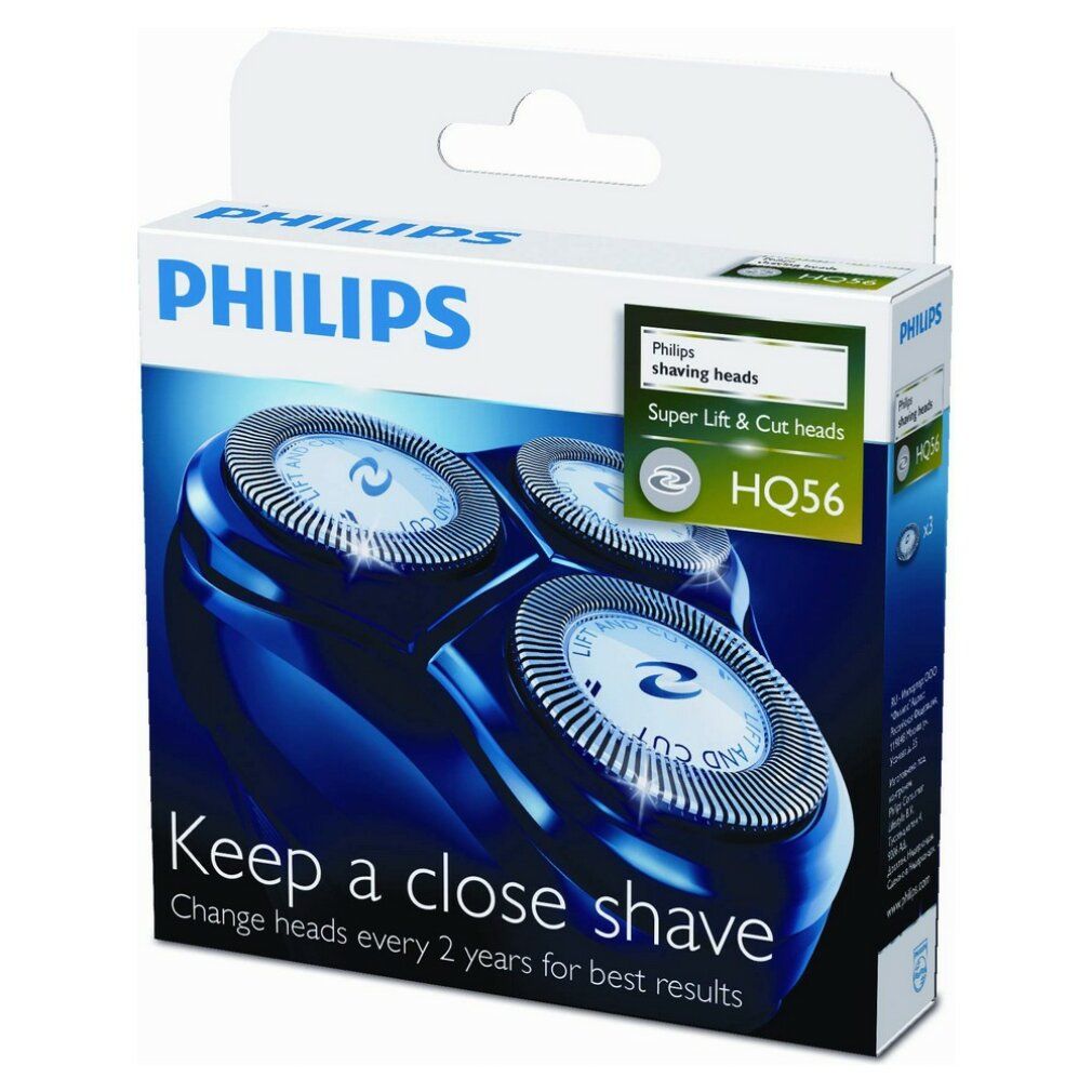 Verpackung für Philips HQ56 Rasierklingen. Blaue Box mit Produktbild und Text: "Keep a close shave".