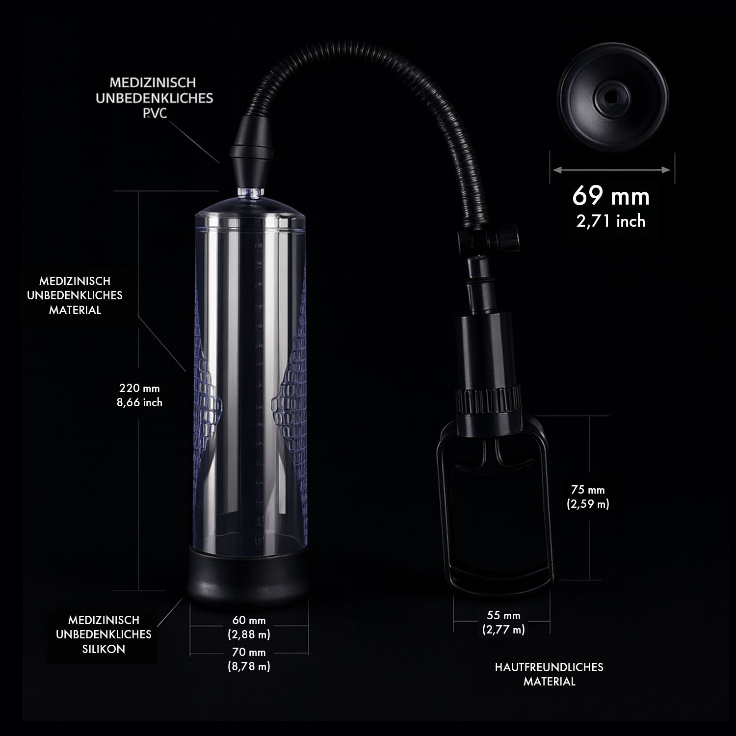 Penispumpe mit Maßangaben. Der transparente Zylinder hat eine Länge von 220 mm. Schwarzer Griff und flexibler Schlauch.