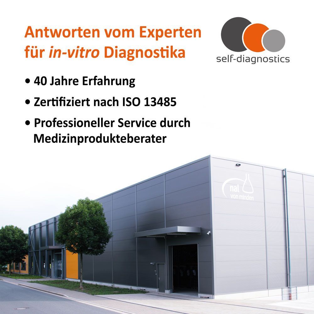 Gebäude mit Text: Antworten vom Experten für in-vitro Diagnostika. ISO 13485 zertifiziert. Logo.