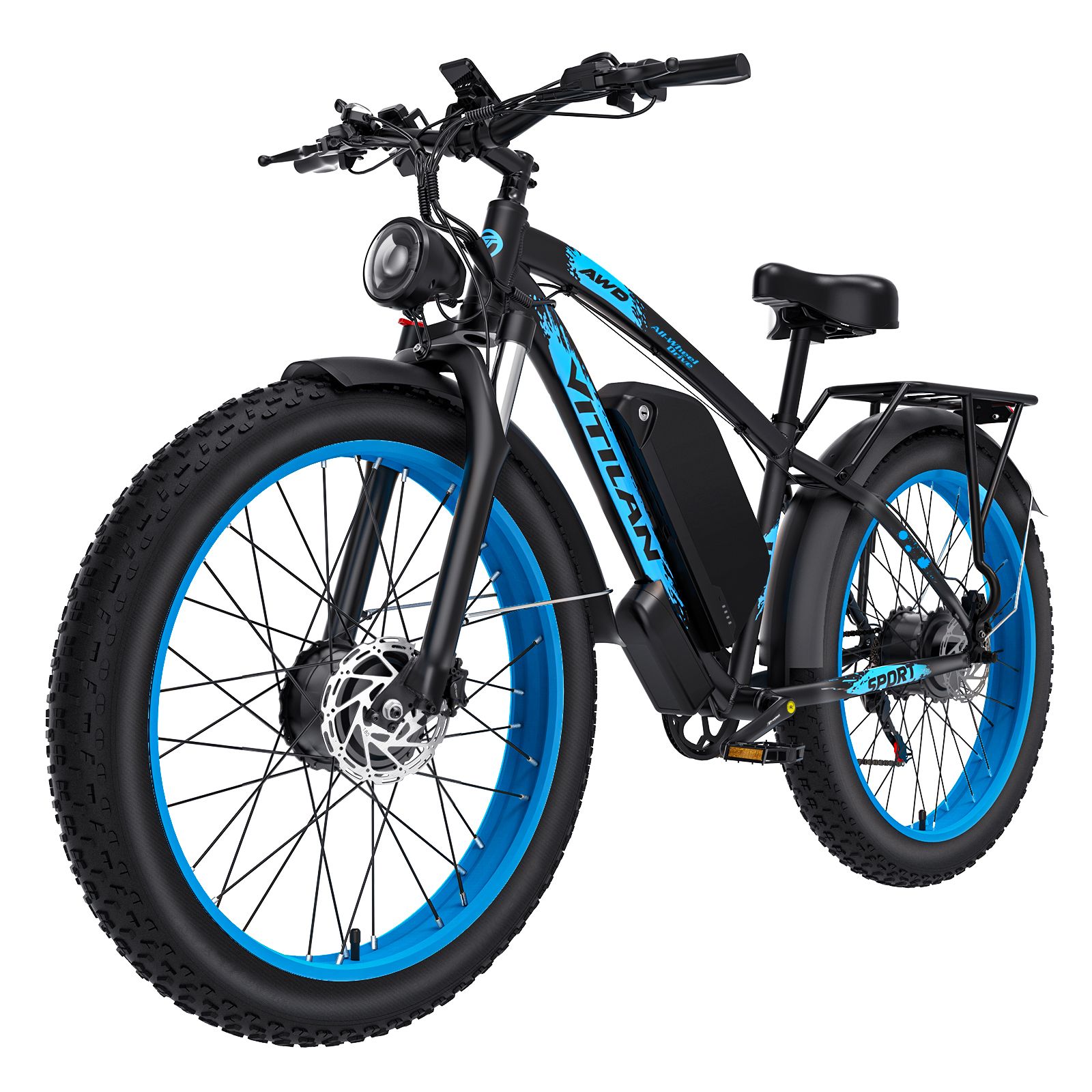 Schwarzes E-Bike mit blauen Felgen. Marke Vitilan. Gepäckträger und Scheinwerfer sind sichtbar.