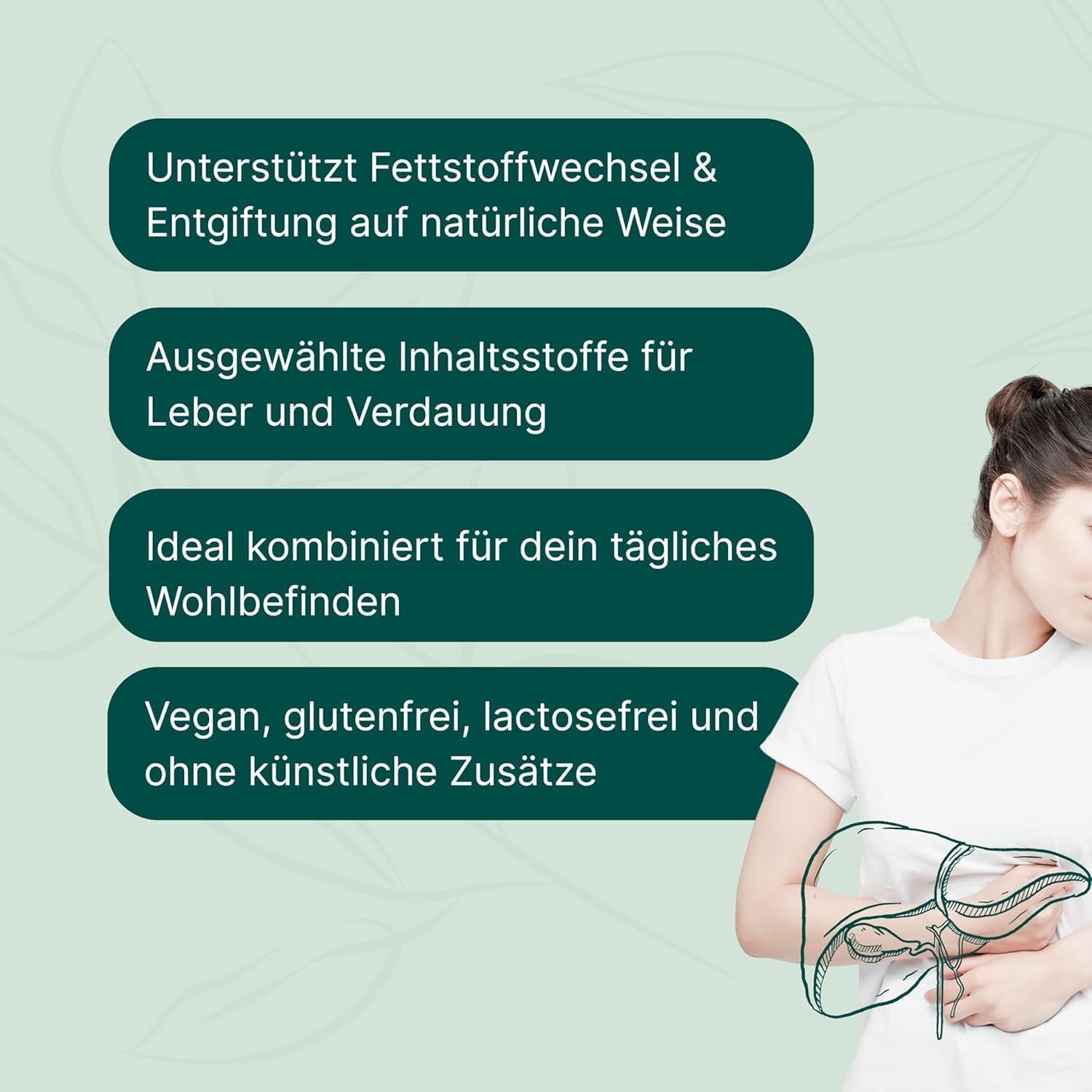 Grafik mit Text: Unterstützt Fettstoffwechsel & Entgiftung. Ausgewählte Inhaltsstoffe für Leber und Verdauung. Vegan, glutenfrei.