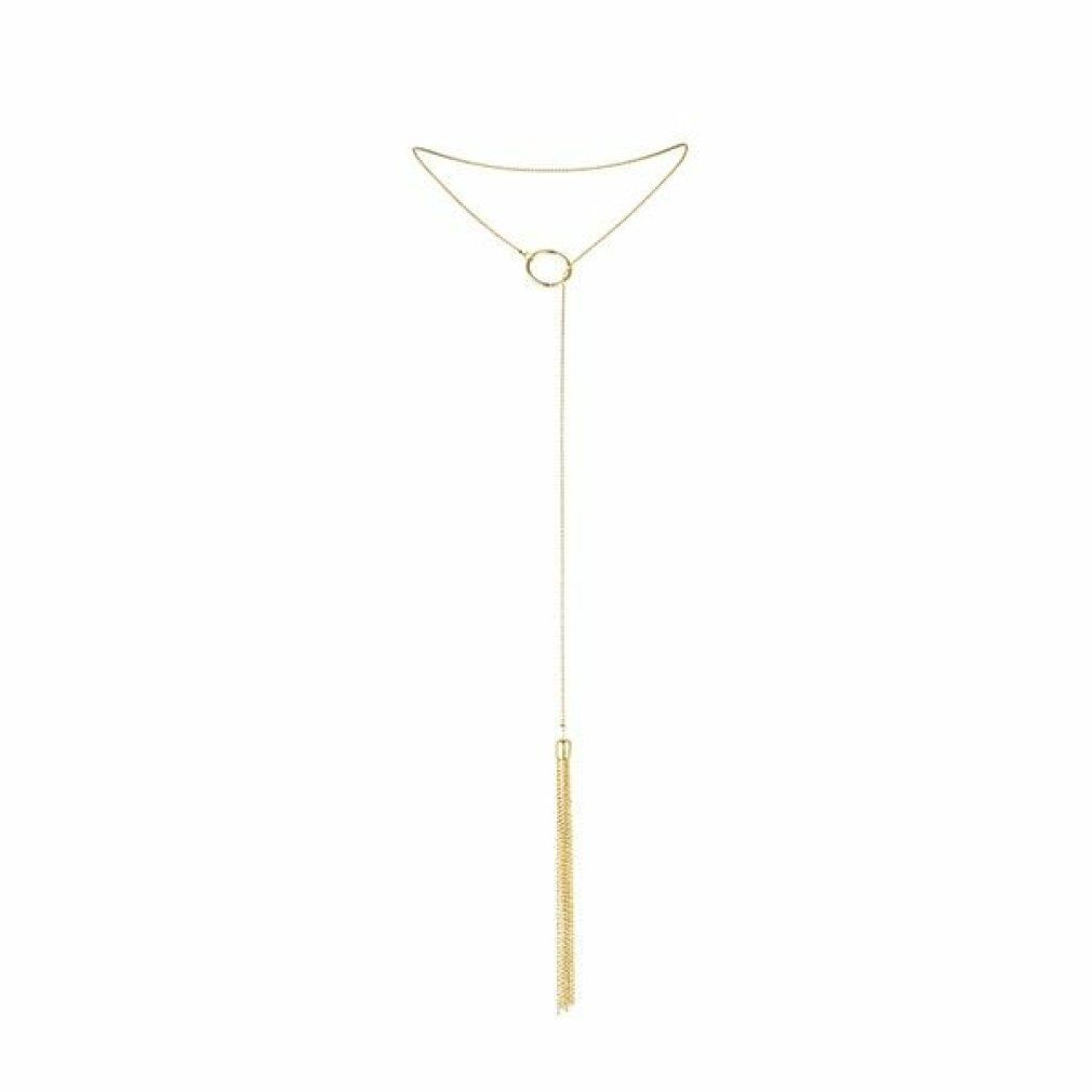 Goldfarbene Halskette mit Anhänger. Kette mit rundem Element und langem, quastenartigen Anhänger.