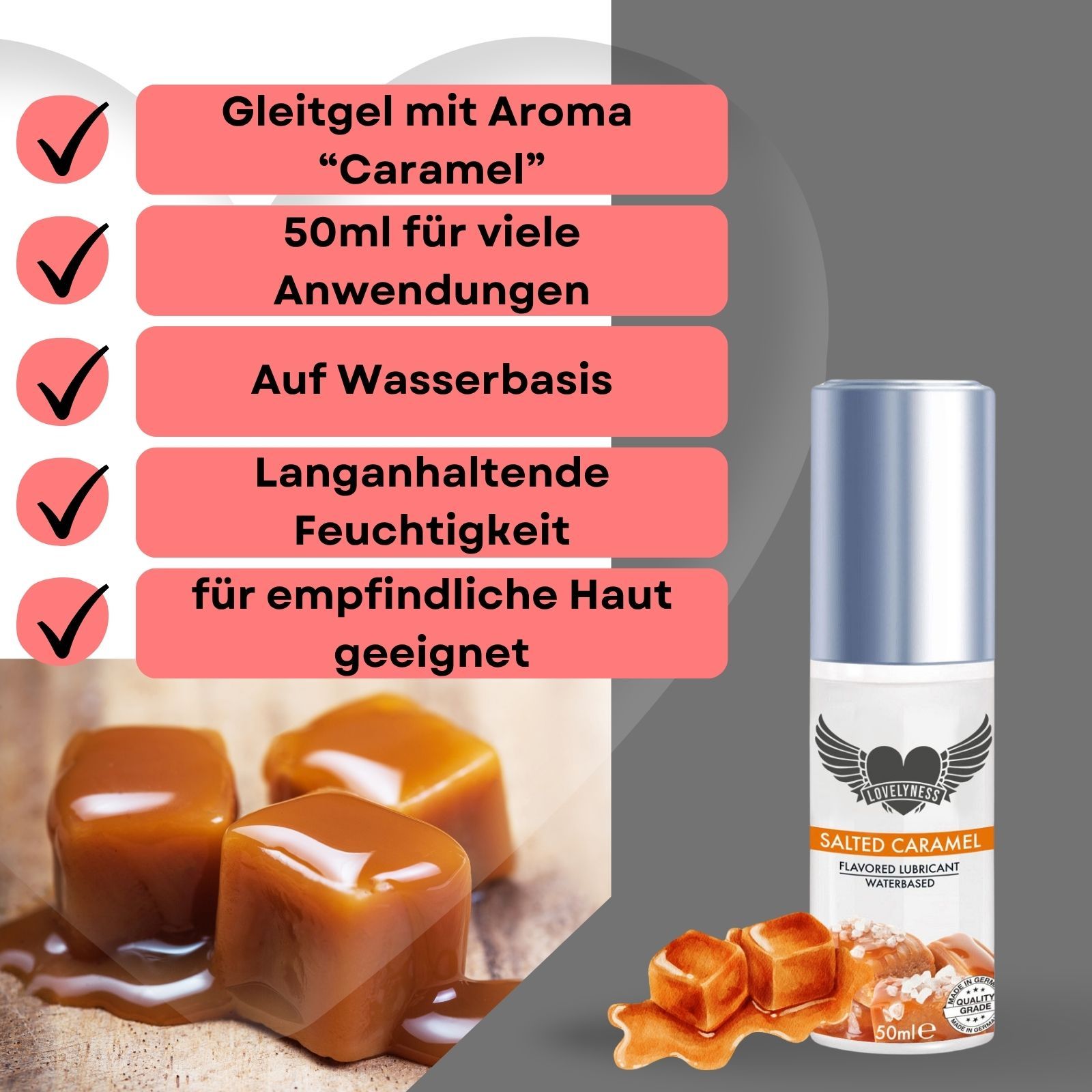 Gleitgel mit Aroma Caramel. 50ml. Auf Wasserbasis. Für empfindliche Haut. Karamellstücke.