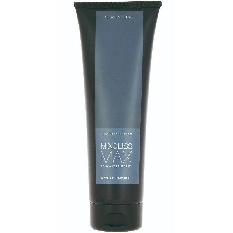 Dunkelgraue Tube mit blauem Etikett. Text: Mixgliss Max, Eau/Water Based. Oben: 150 ml.