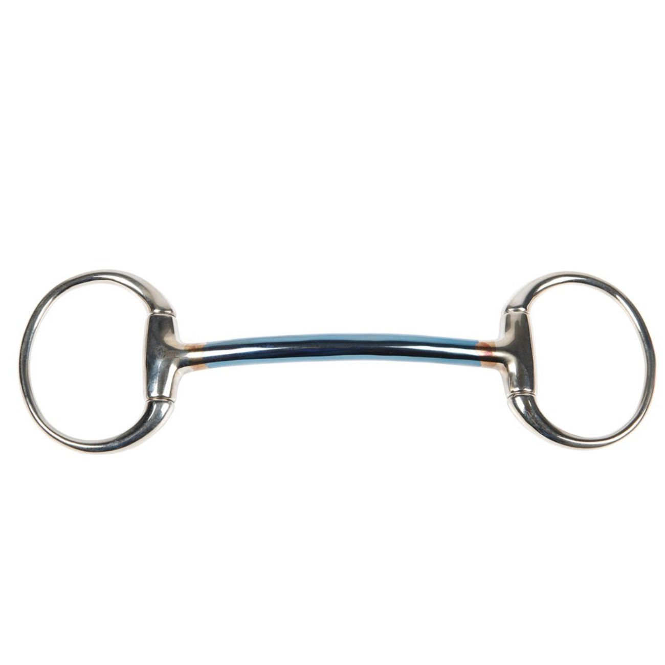 Olivenkopftrense. Metall, blaues Mundstück. Ringe an den Seiten. Detailansicht.