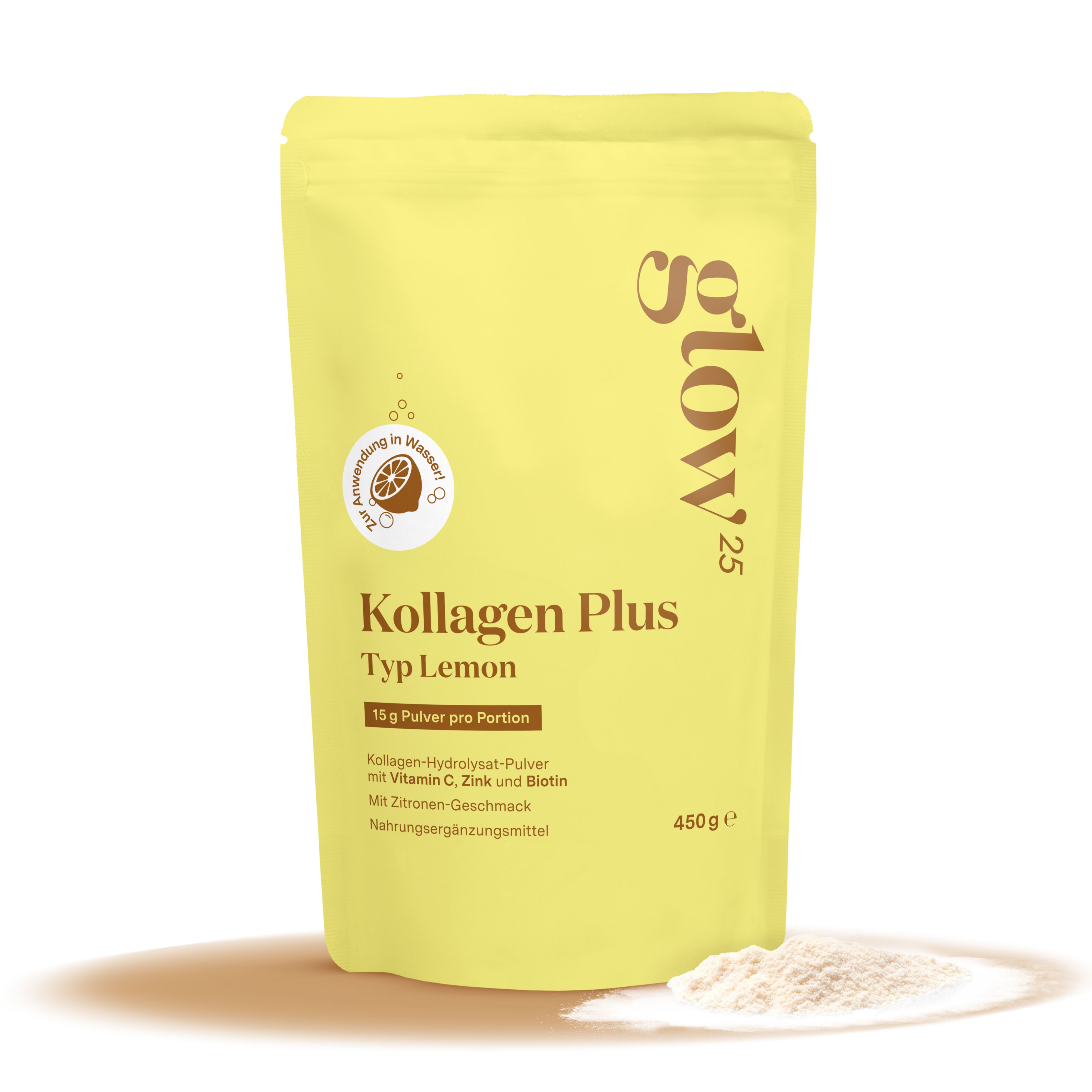 Glow25 Kollagen Plus Typ Lemon Pulver in gelber Standverpackung, 450g.