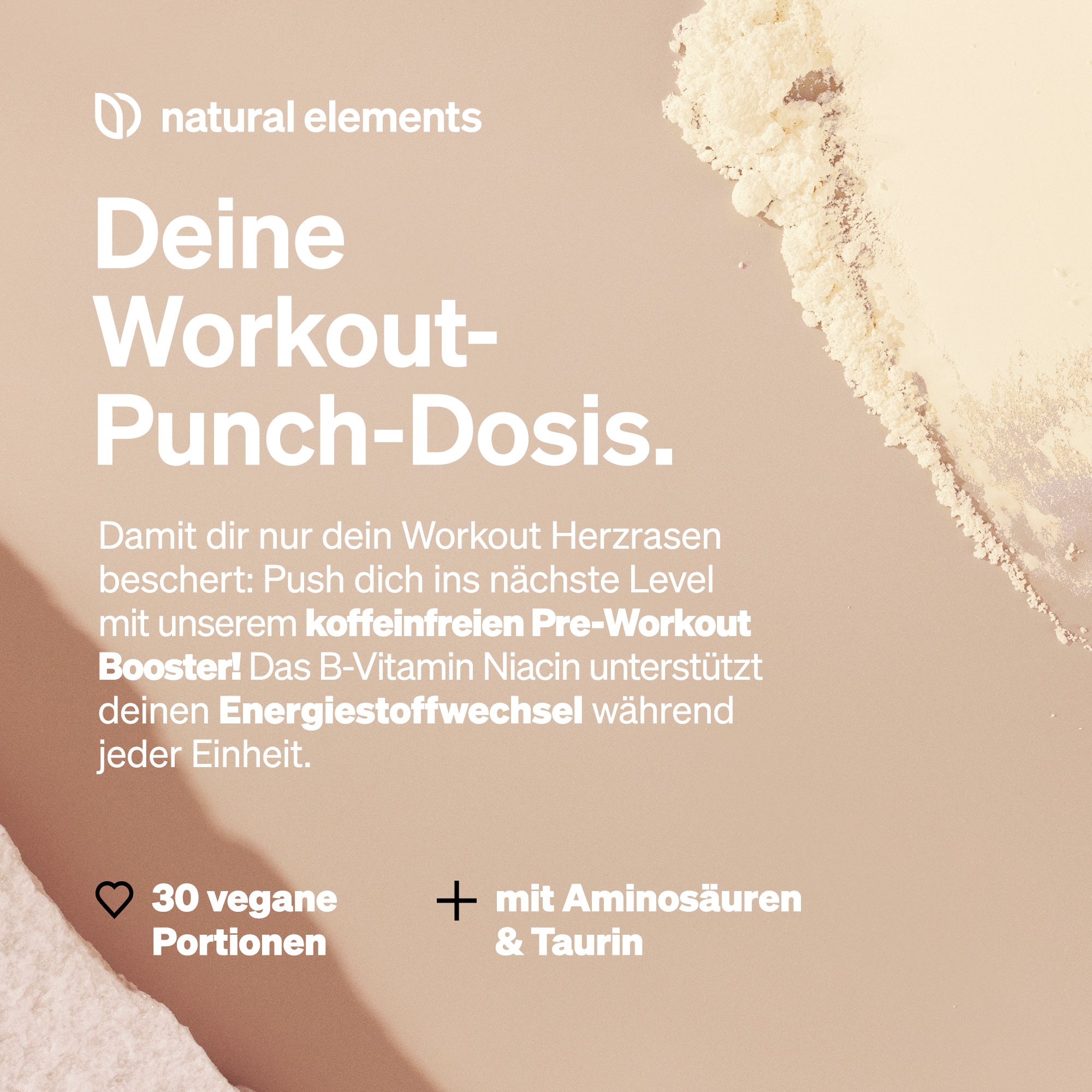 Text: Deine Workout-Punch-Dosis. Enthält Informationen zu 30 veganen Portionen, Aminosäuren und Taurin.